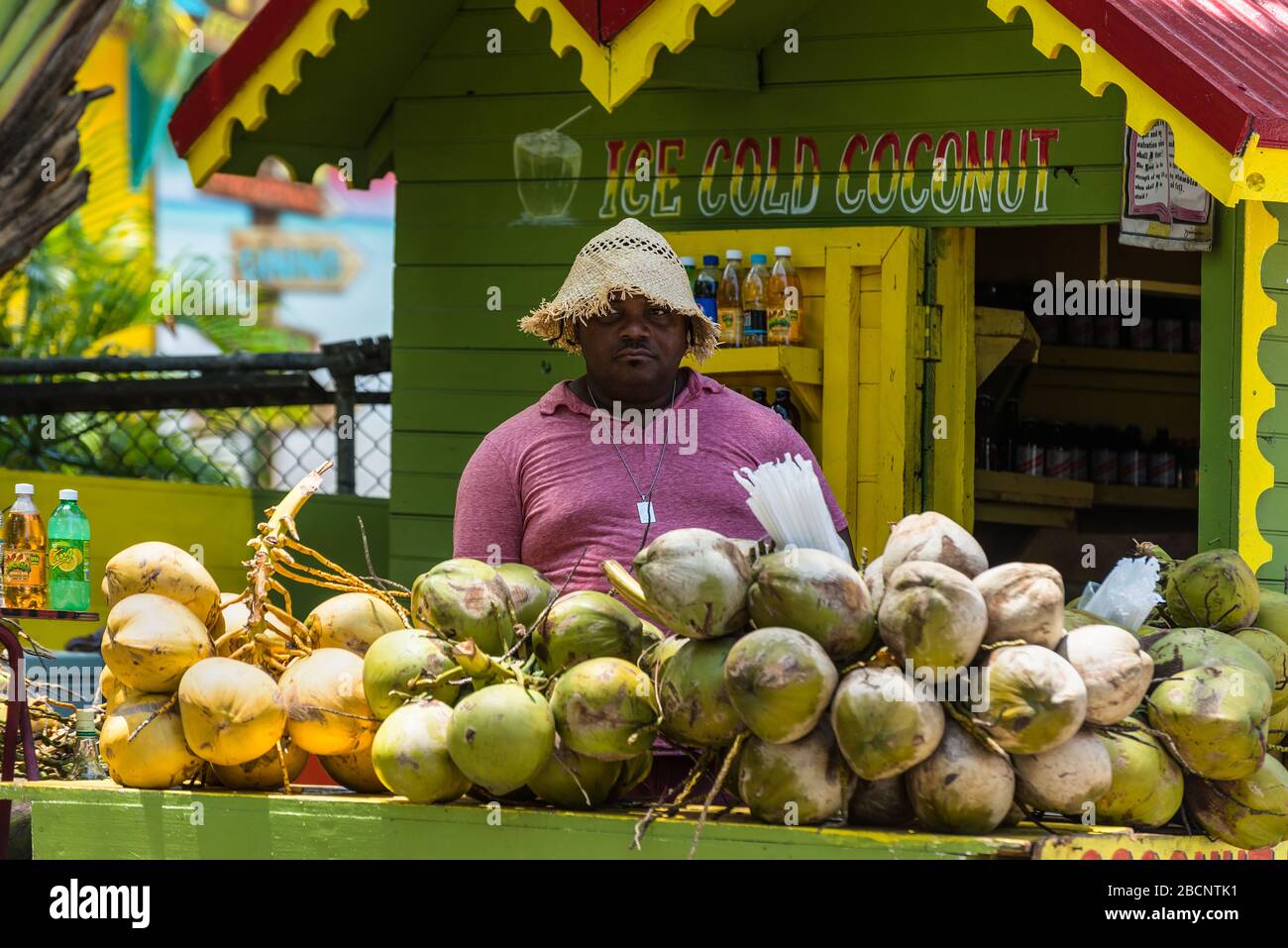 Ocho Rios, Jamaica April 22, 2019 Ice Cold Coconut Fruit Drink with