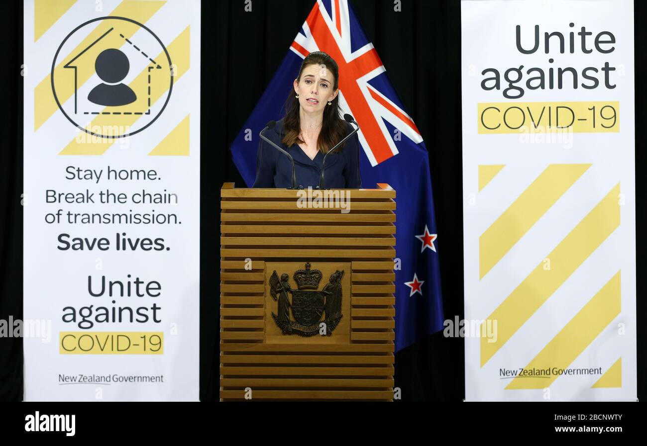 Wellington, New Zealand. 5th Apr 2020.  New Zealand Prime Minister Jacinda Ardern speaks during covid-19 coronavirus media update in Wellington, New Zealand on April 5, 2020. New Zealand government believed that the country can put COIVD-19 under control, as the country reported on Sunday the total number of COVID-19 cases reached 1,039 in the country. (Hagen Hopkins/Getty/Pool via Xinhua) Credit: Xinhua/Alamy Live News Stock Photo