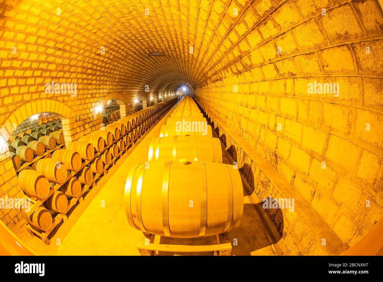 Wine barrels stacked in the cellar of the winery Stock Photo - Alamy