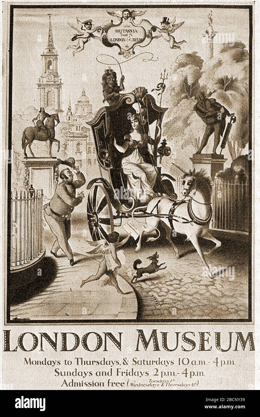 An early London museum poster by Rex Whistler (Reginald John 'Rex' Whistler  1905 –  1944 ). Britannia rides in a hansom cab with the British crowned  lion as driver, whilst a London 'bobby' (policeman) doffs his helmet. The London Museum was founded in 1911. Its collection policy was ‘only objects found in London or manufactured in London’.  It collection was combined with that of the Guildhall Museum, founded in 1826 and can now be seen in their successor; the 'Museum of London'. Stock Photo