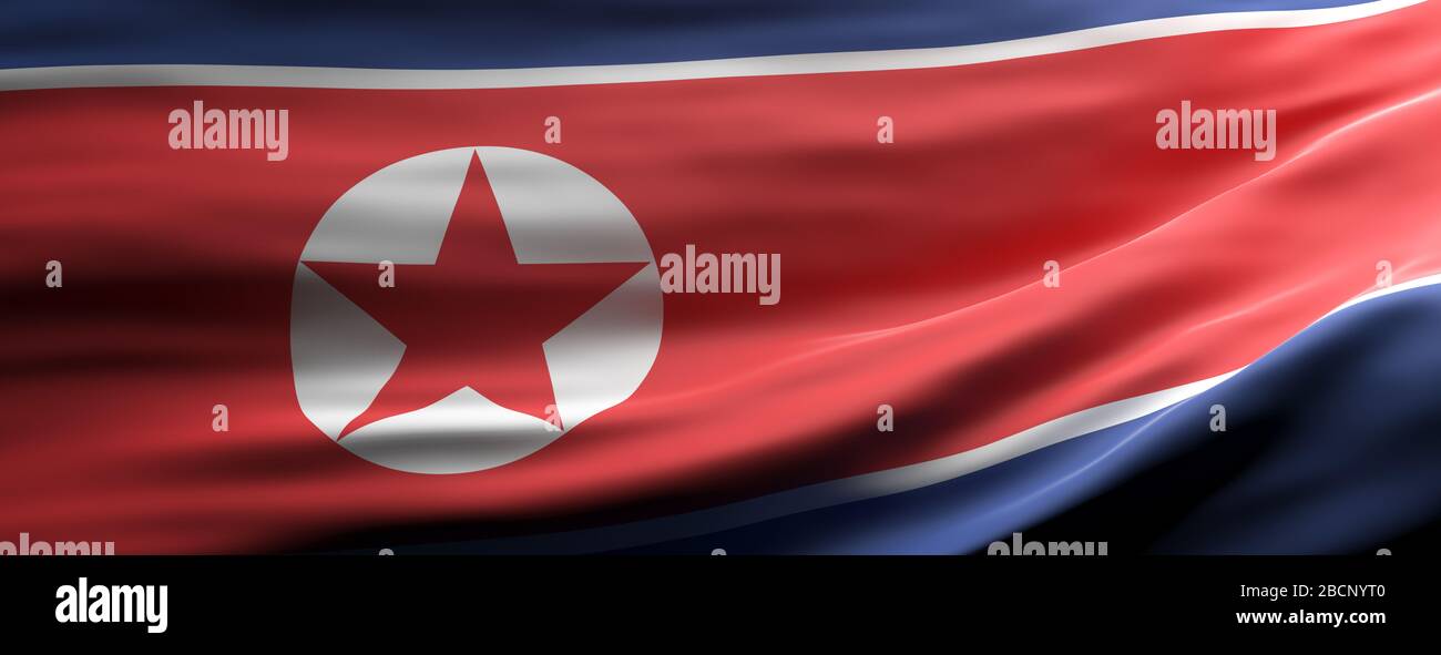 North Korea sign symbol. North Korean national flag waving texture background, banner. 3d illustration Stock Photo