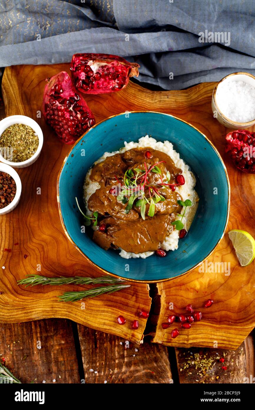 Beef Cheeks Stewed In Sauce With Mashed Potatoes Spanish Cuisine Steak Barbecue Stock Photo Alamy