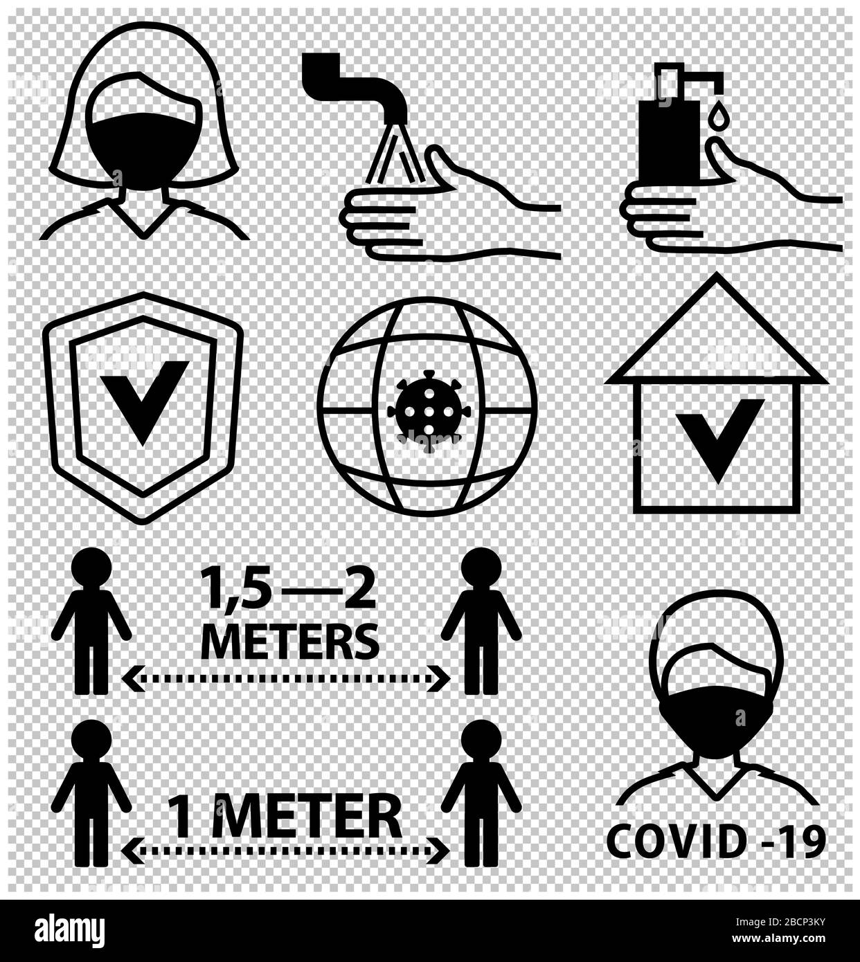 Line black icons. Keep distance 1 meter. Prevention COVID-19. Coronavirus icon on transparent background Stock Vector