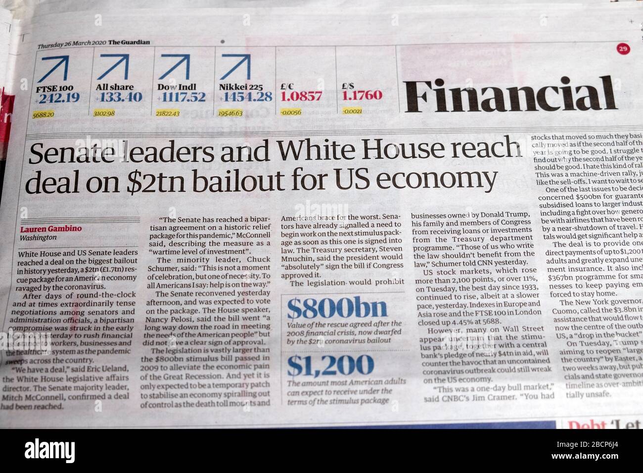 'Senate leaders and White House reach deal on $2tn bailout for US economy' financial headline article in Guardian newspaper 26 March 2020 London UK Stock Photo