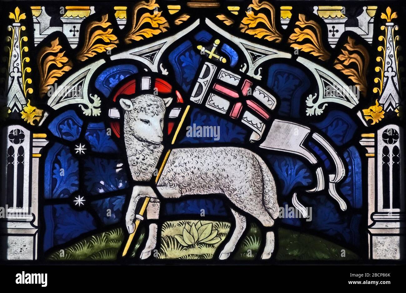 Lamb and Flag, detail of East window. Church of Saint John Baptist, Skelsmergh, Cumbria, England, United Kingdom, Europe. Stock Photo