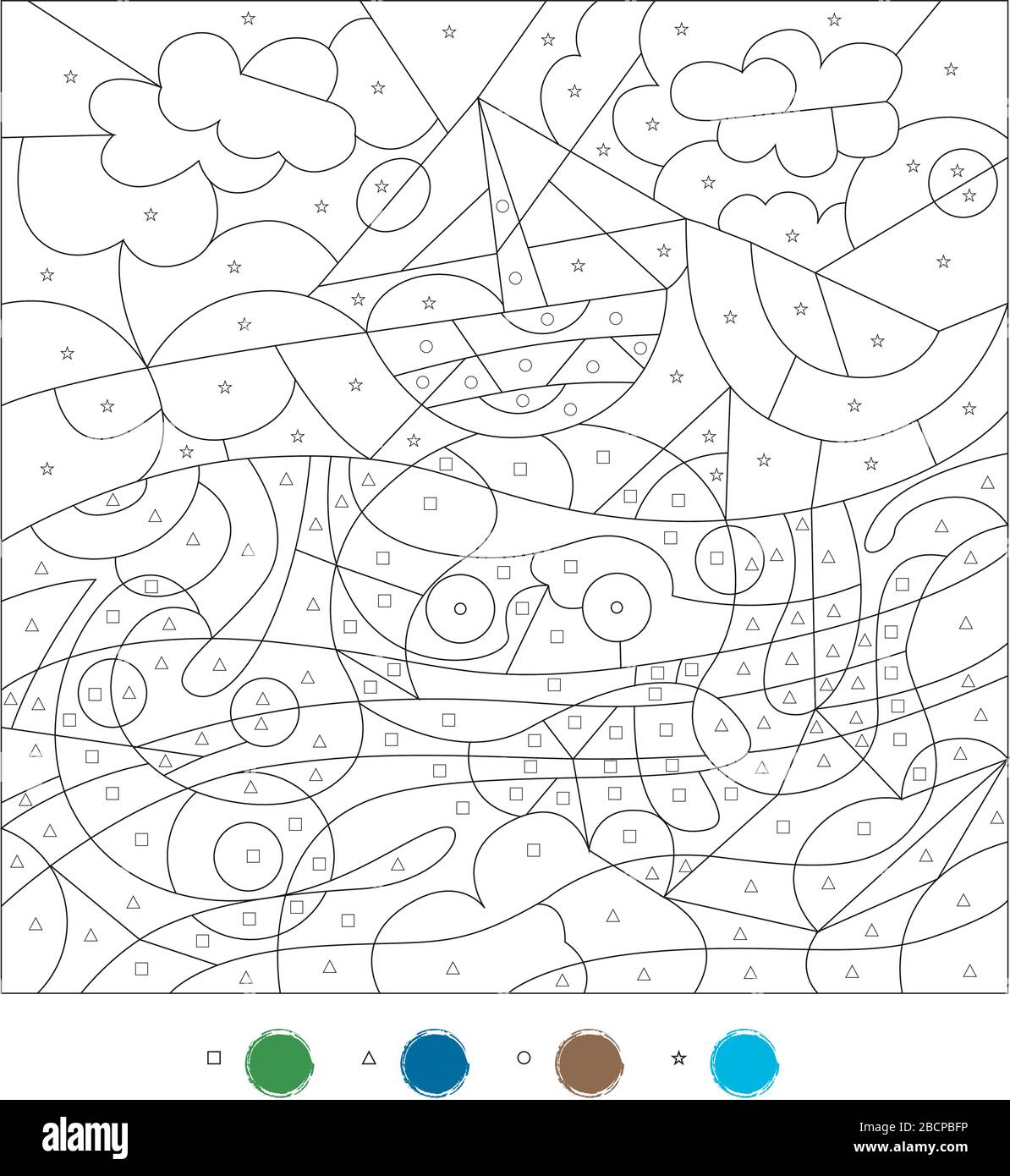 Coloring by symbols. Educational game for children. Octopus and ship. Stock Vector