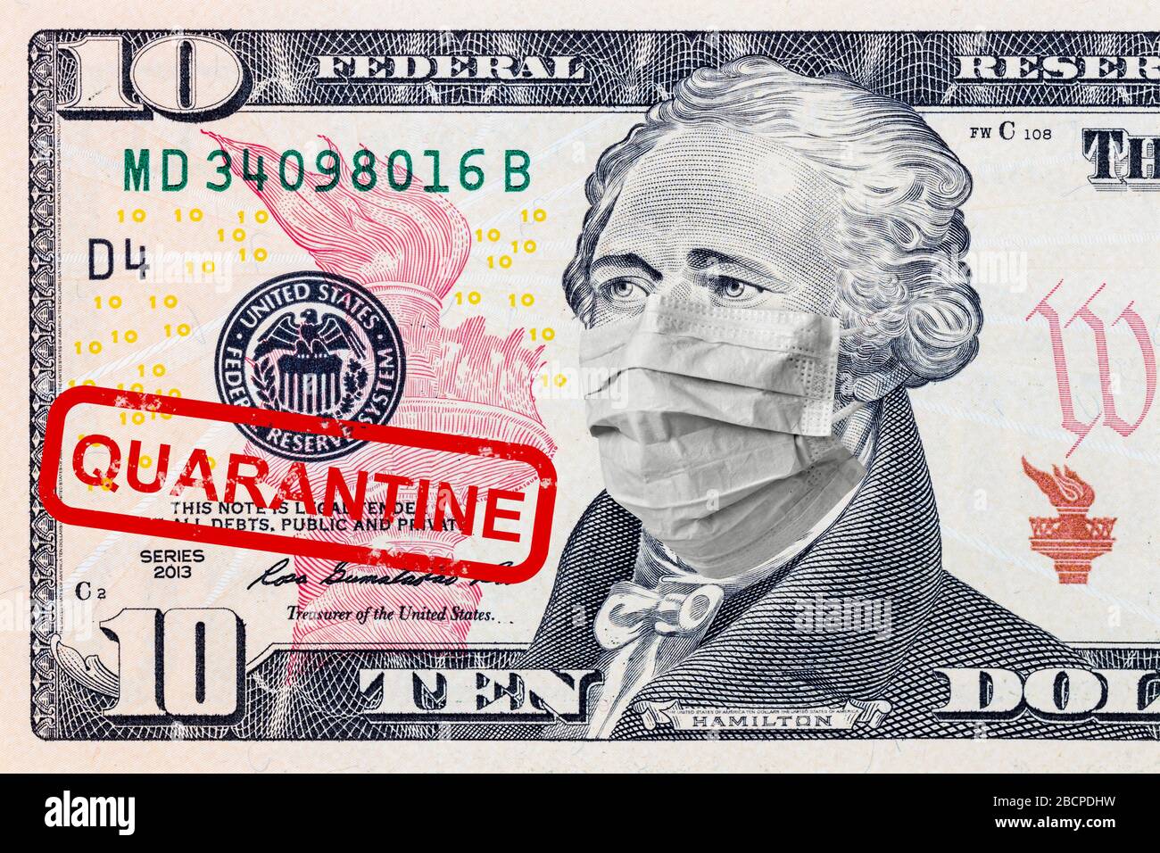 Close up of ten dollar bill with president Hamilton portrait in a medical mask with quarantine stamp. Close up Stock Photo Alamy