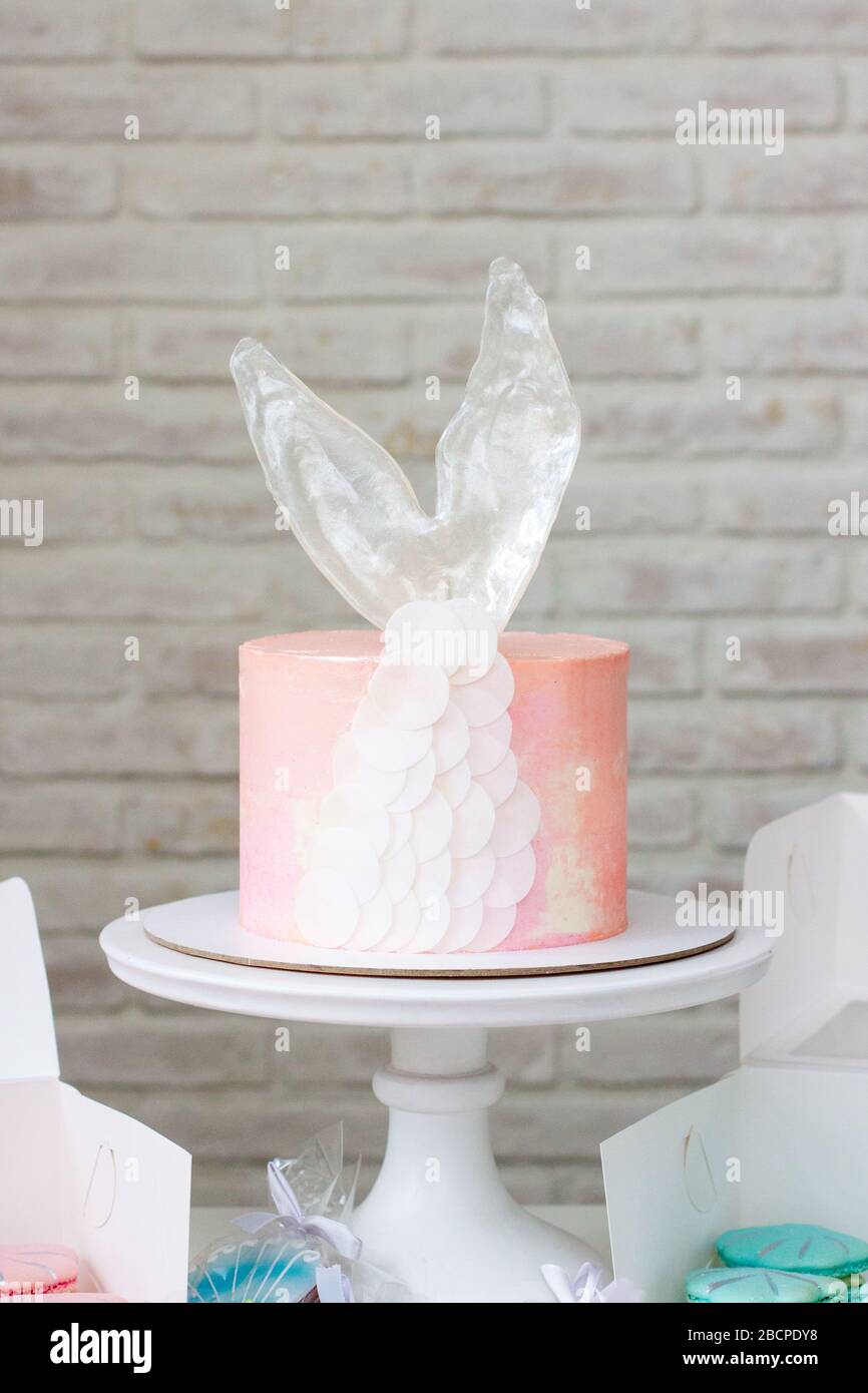 Mermaid theme candy bar with cake, cupcakes, macaroons and biscuits ...