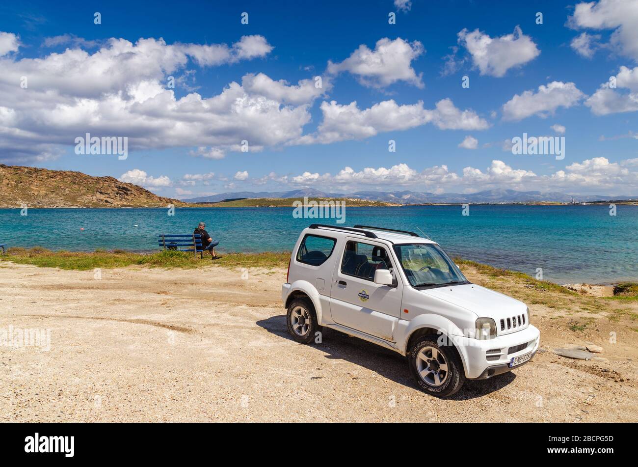 Paros, Greece - April 8, 2014: Suzuki Jimny car parked next to the Monastiri bay on Paros island Stock Photo