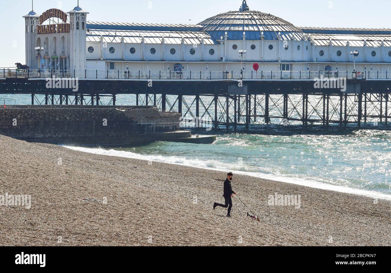 Brighton UK 5th April 2020 - A walker with his dog on a quiet Brighton beach on a warm sunny day with temperatures expected to reach twenty degrees in London during the Coronavirus COVID-19 pandemic crisis . Health Secretary Matt Hancock has said today that they might have to revue the rules on exercising as too many people are ignoring the guidelines . Credit: Simon Dack / Alamy Live News Stock Photo