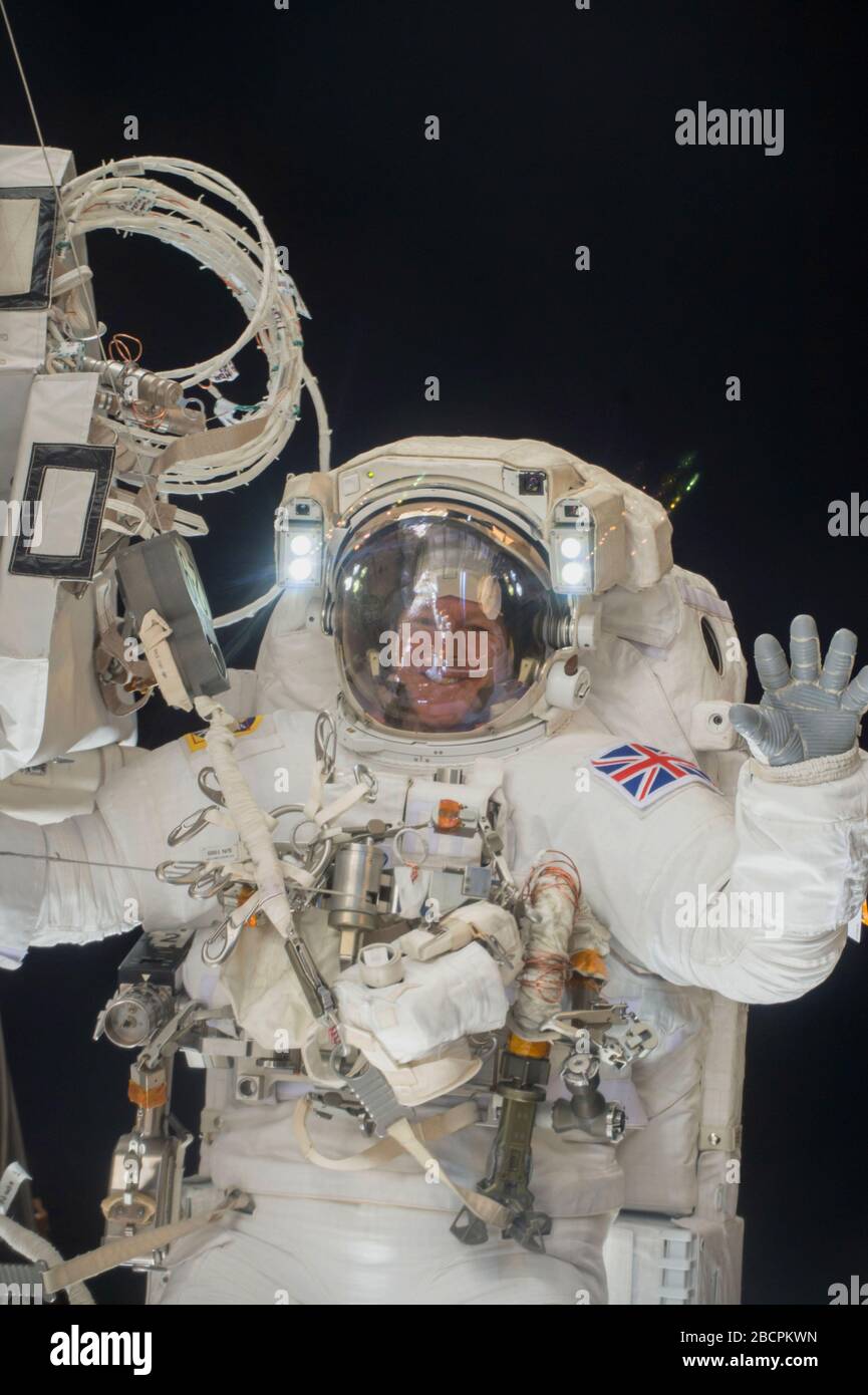 ISS - 15 January 2016 - British ESA astronaut Tim Peake outside the International Space Station in his spacesuit during a spacewalk - the first ever o Stock Photo