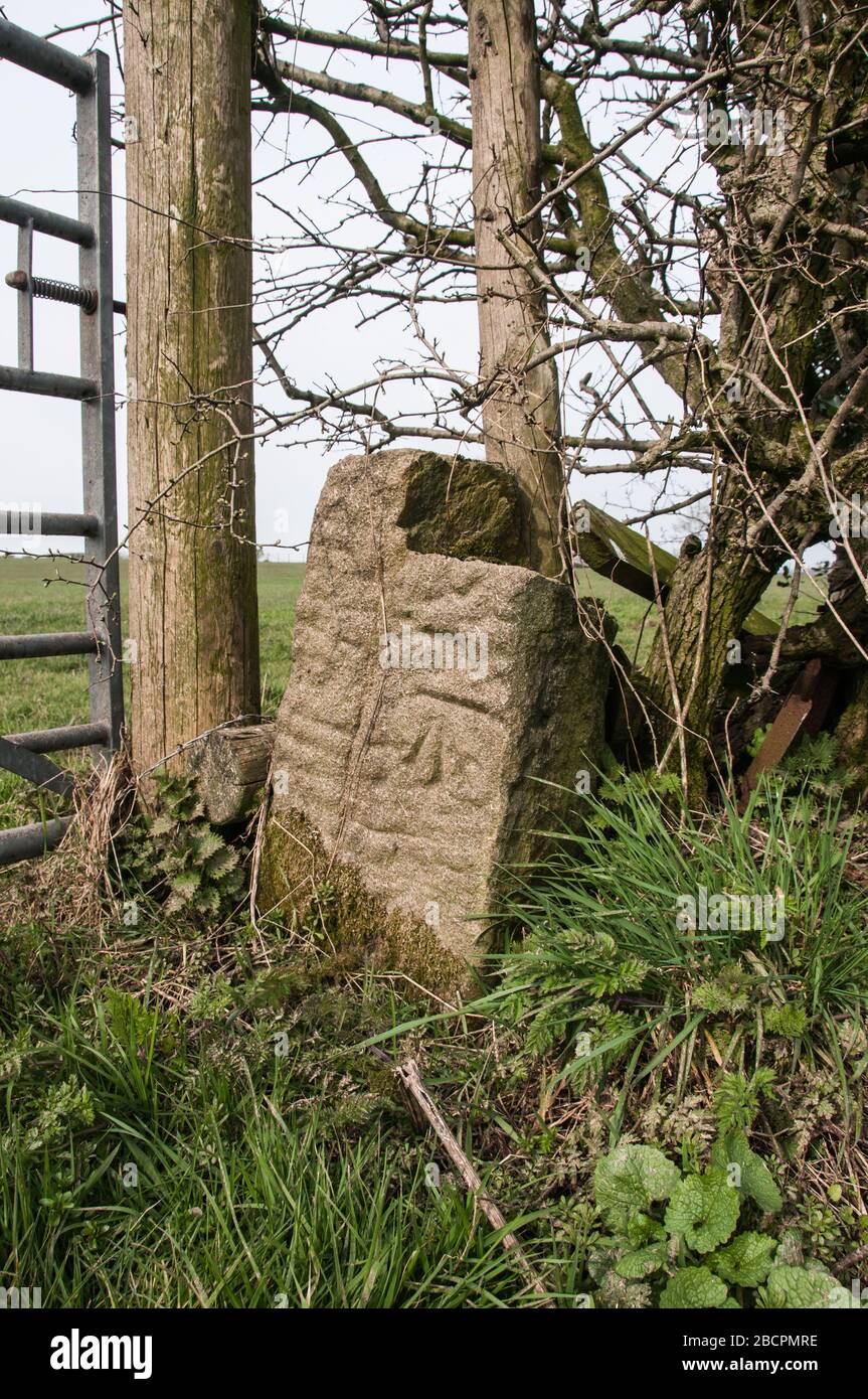Old Gate Post with 'level' - datum marking Stock Photo