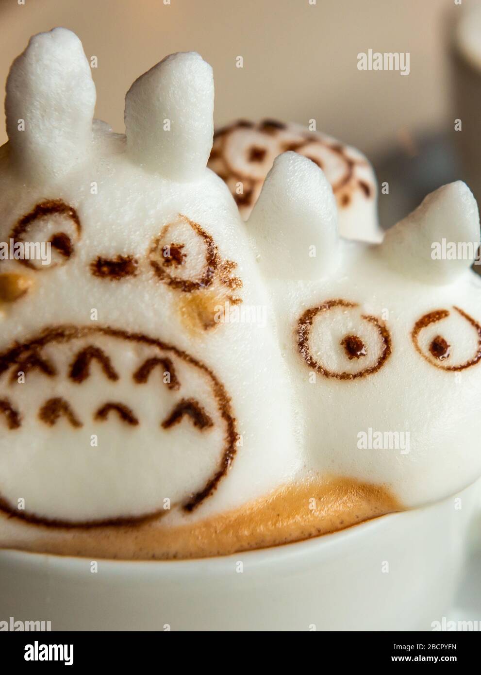 Tokyo, Japan: October 23, 2019: 3D art kawaii coffee in Shibuya cafe. Totoro characters Stock Photo
