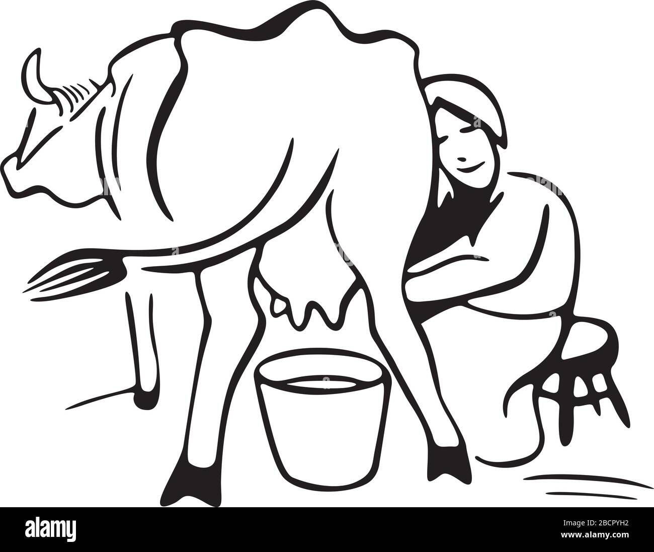 woman is milking the cow Stock Vector