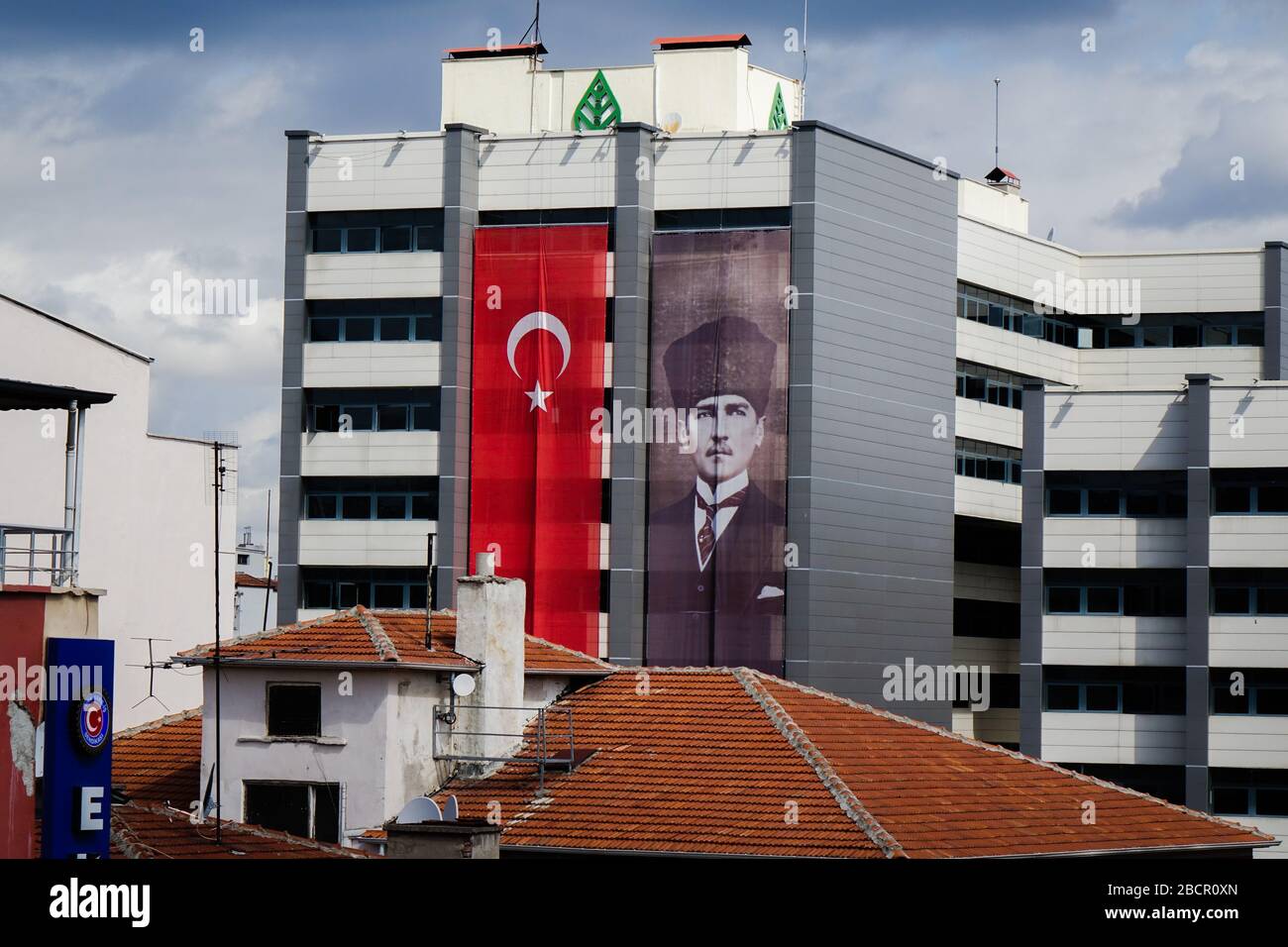 Turkish flag in Ankara and portrait of Mustafa Kemal Atatürk Stock Photo