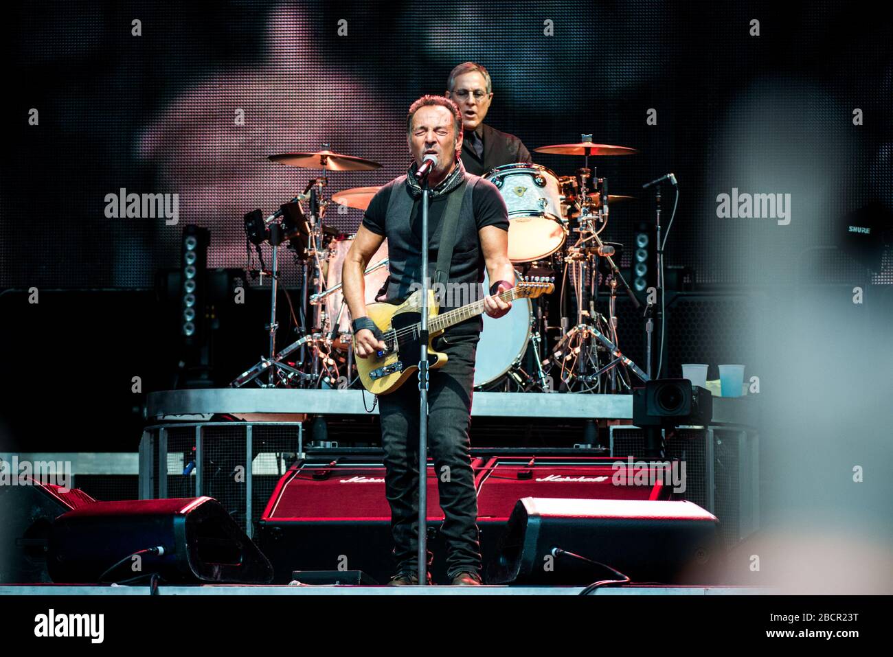 The American singer and composer Bruce Springsteen, together with the E-Street band, playing for the “The River tour” at the San Siro Stadium in Milan Stock Photo
