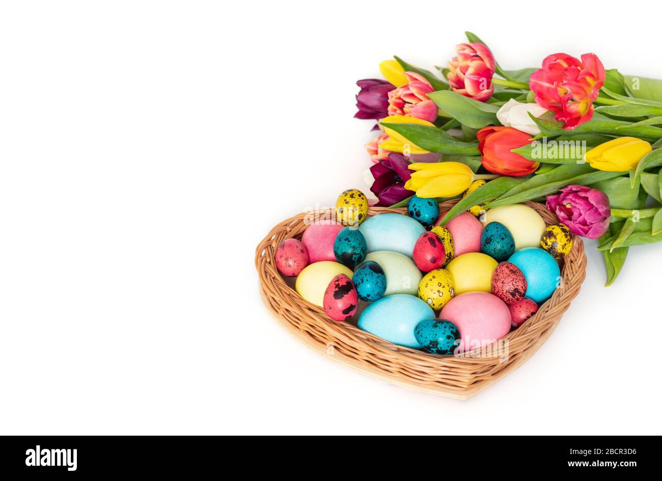 Easter colorful eggs and a bouquet of spring tulip flowers on a white background. Horizontal orientation. Copy space. Stock Photo