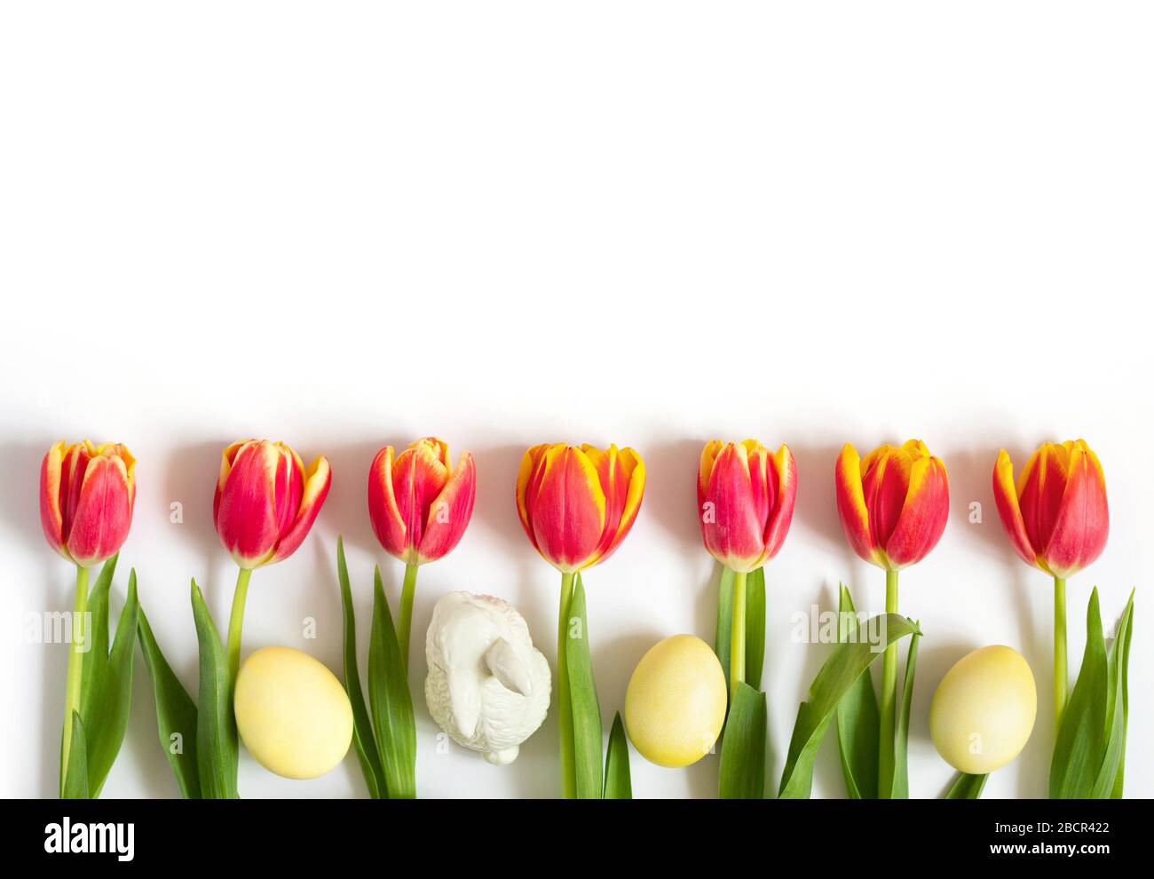 Easter border with red tulips, eggs and a rabbit on a white background ...