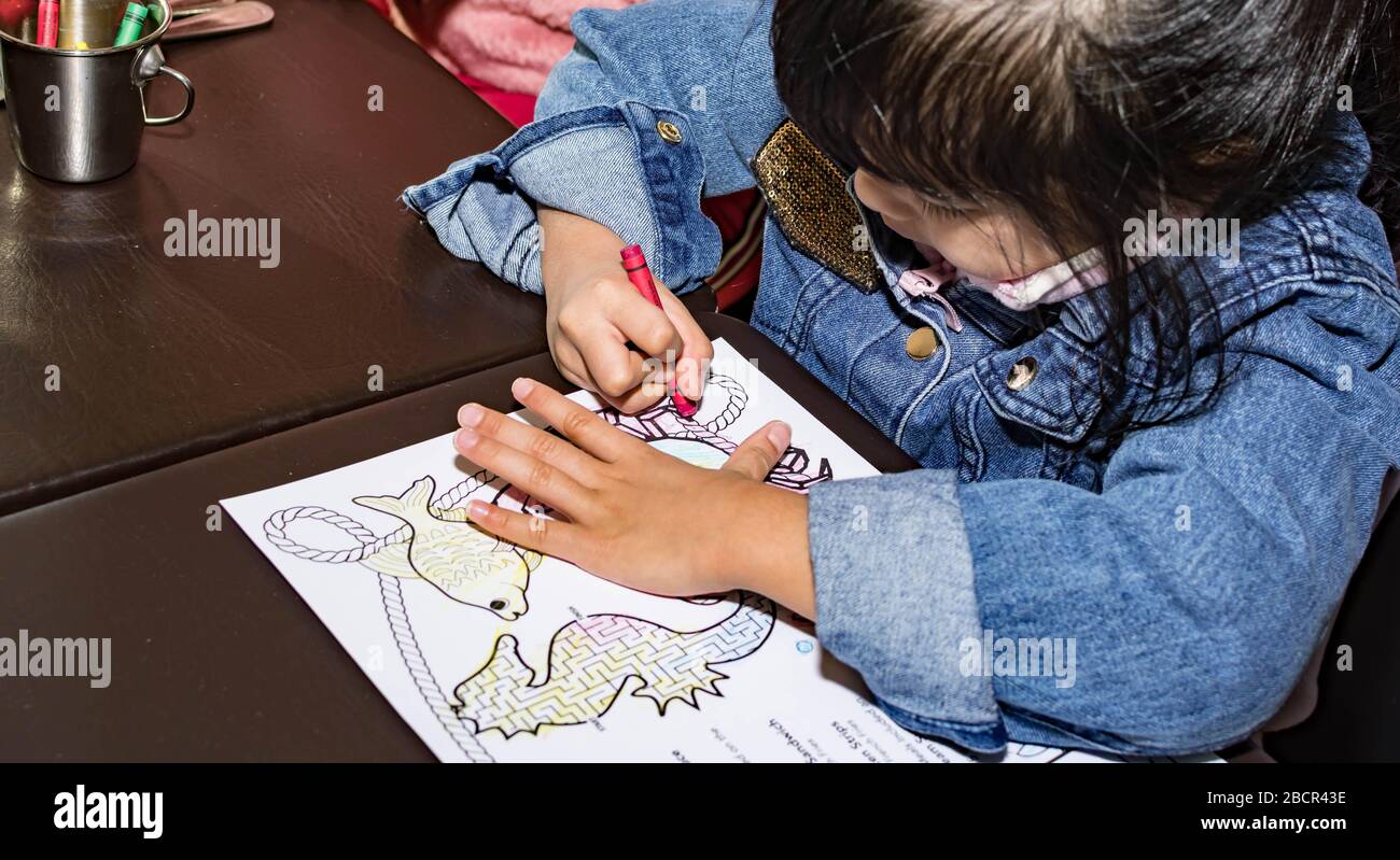 Pretty asian child right handed while doing a coloring activity with