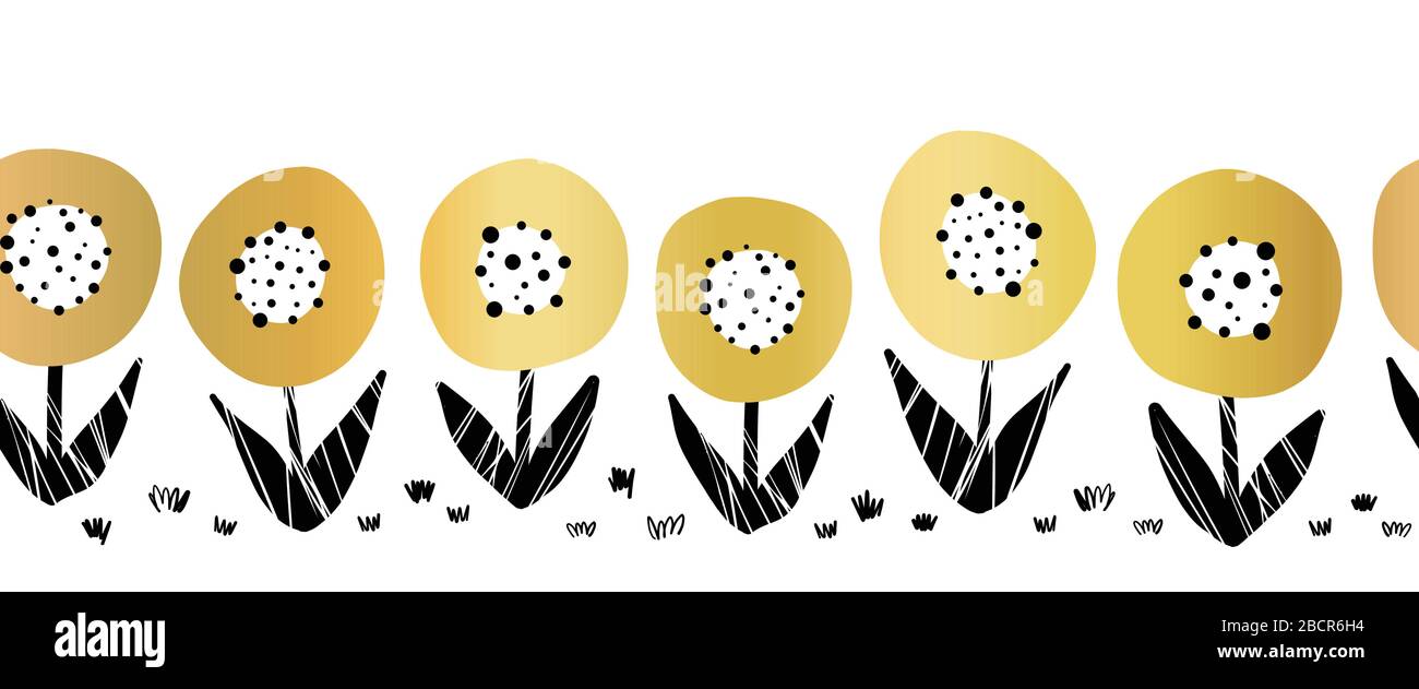 Seamless gold foil flowers vector border. Cute metallic golden florals ...