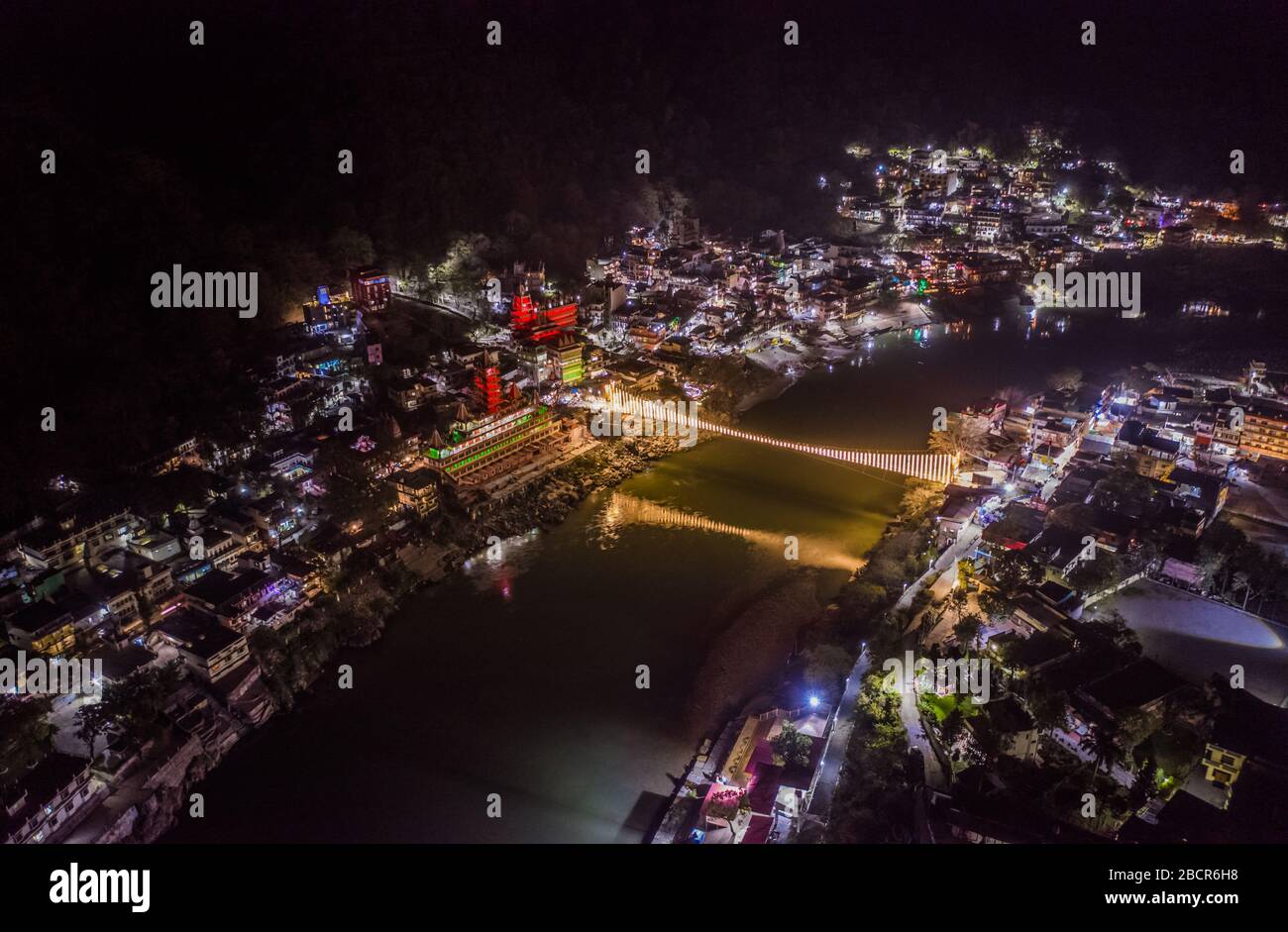Rishikesh at night India, aerial drone view Stock Photo