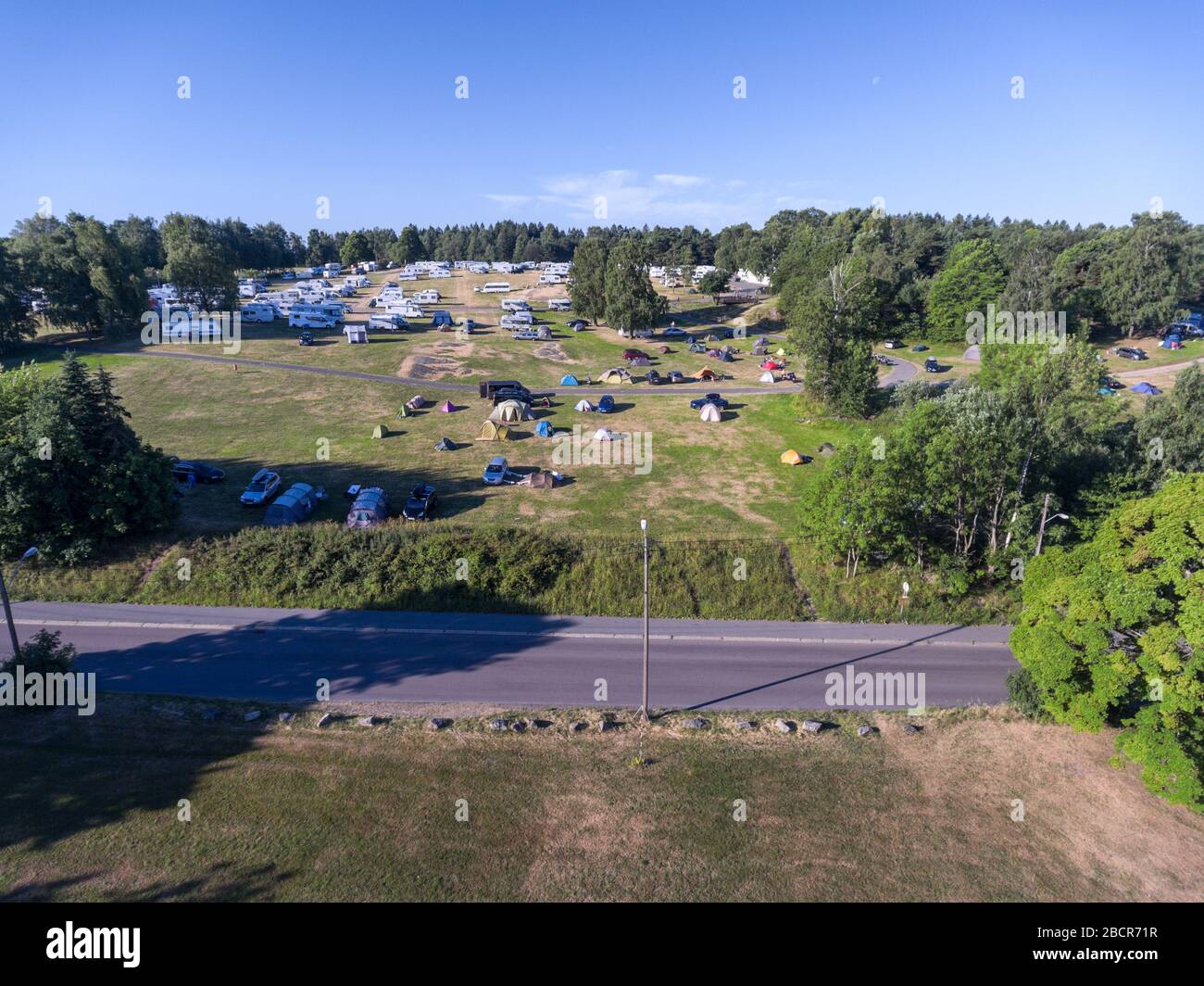 Aerial view at Ekeberg camping area at morning. Neighborhood of Oslo city, Norway. Urban campsite Ekeberg City camp is on hill Stock Photo