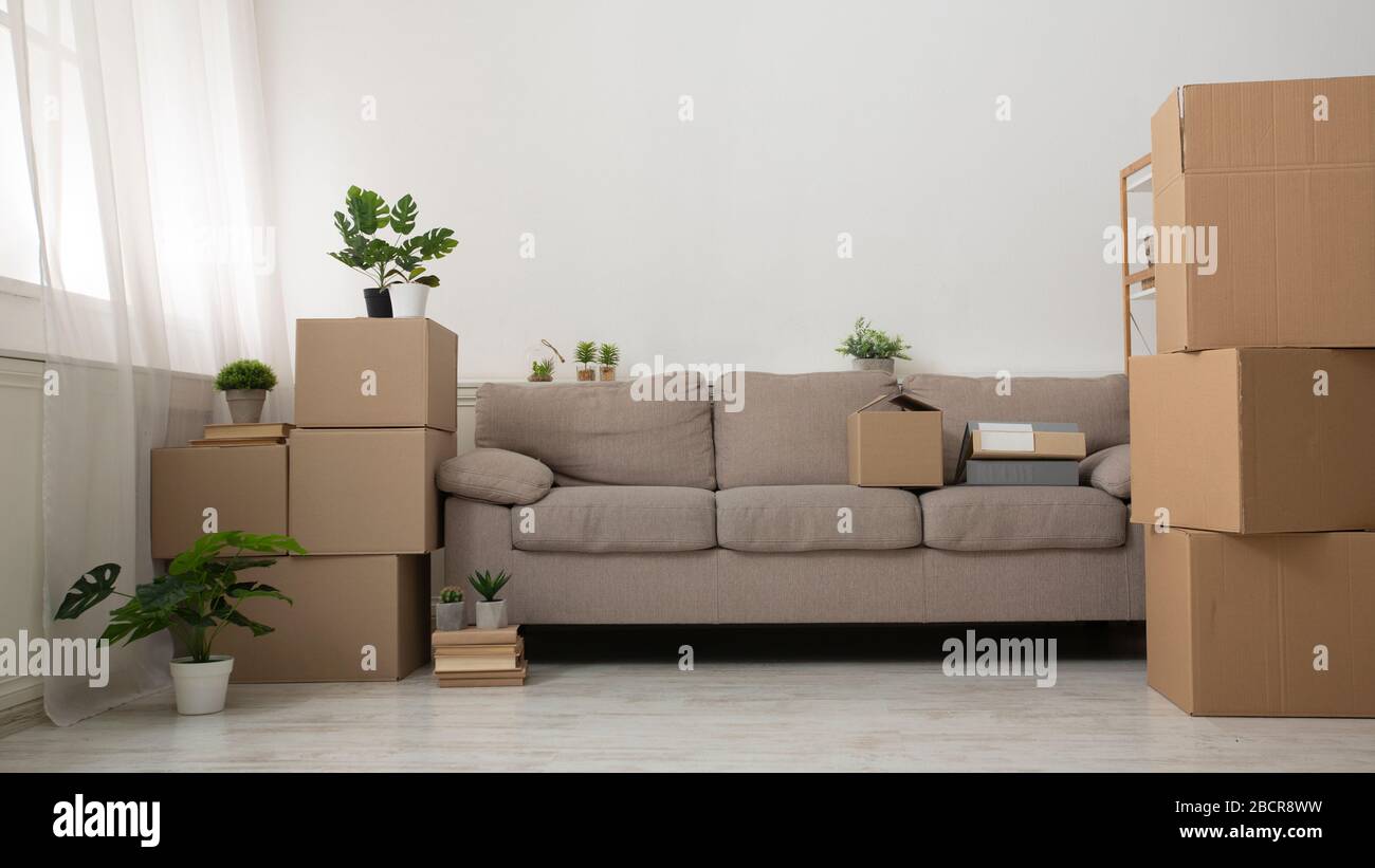 Modern living room with new repair and cardboard boxes Stock Photo Alamy