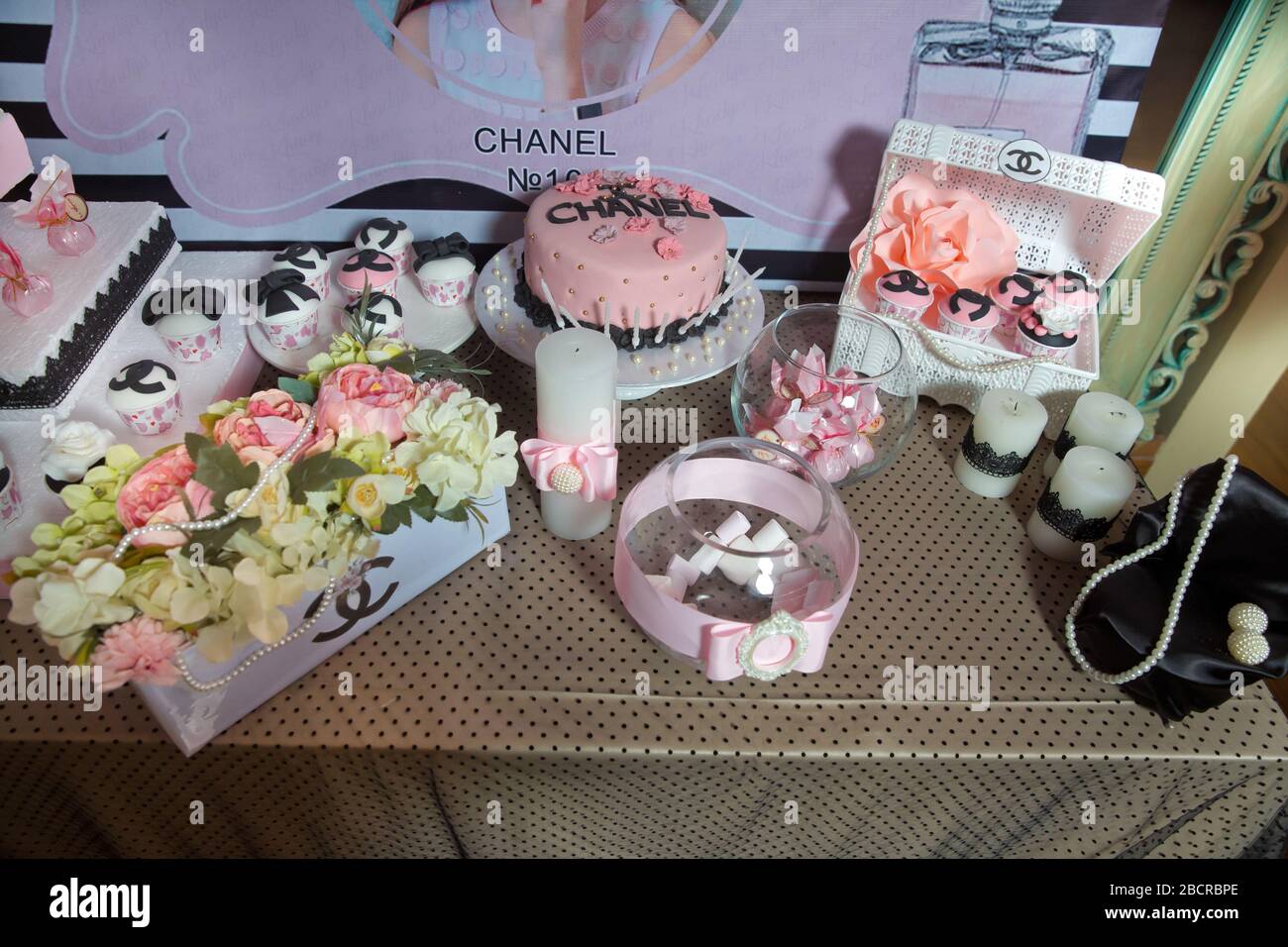 Chanel Theme Customized Cake . Chanel Cake Smash . Candy bar Chanel birthday,  Chanel birthday party . Baku, Azerbaijan . 24.01.2020 Stock Photo - Alamy