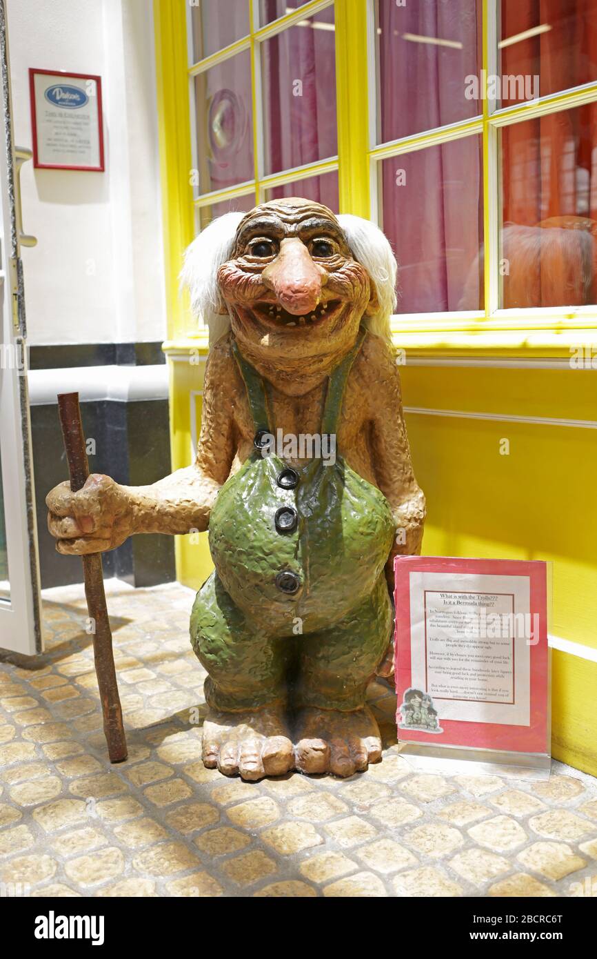 Statue figure of a troll in The Clocktower Mall in Dockyard.Trolls supposed to bring good luck to travelers. Stock Photo