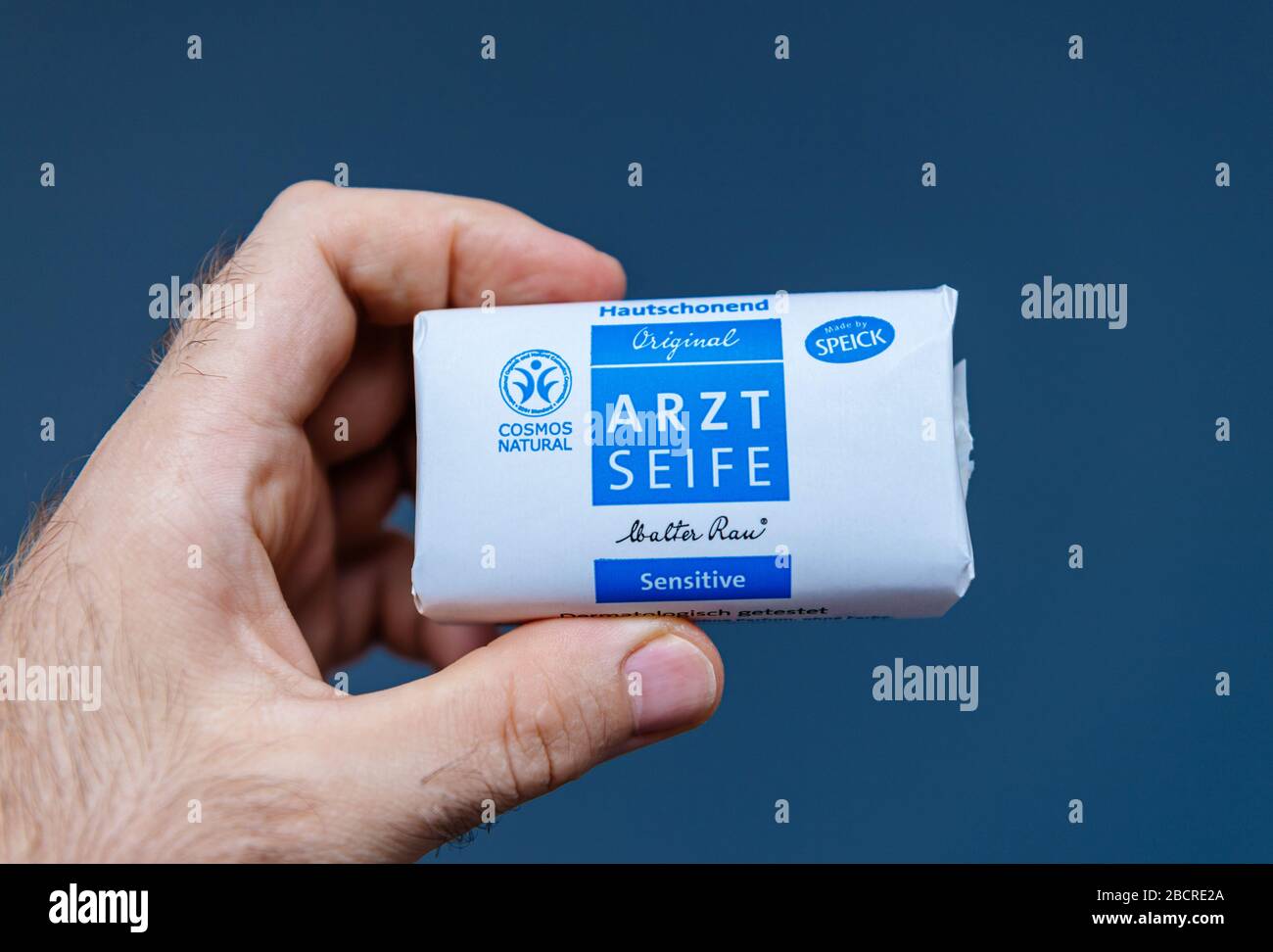 Paris, France - Aug 1, 2019: Male hand holding original Arzt Seife soap bar  manufactured by Speick for sensitive skin Stock Photo - Alamy