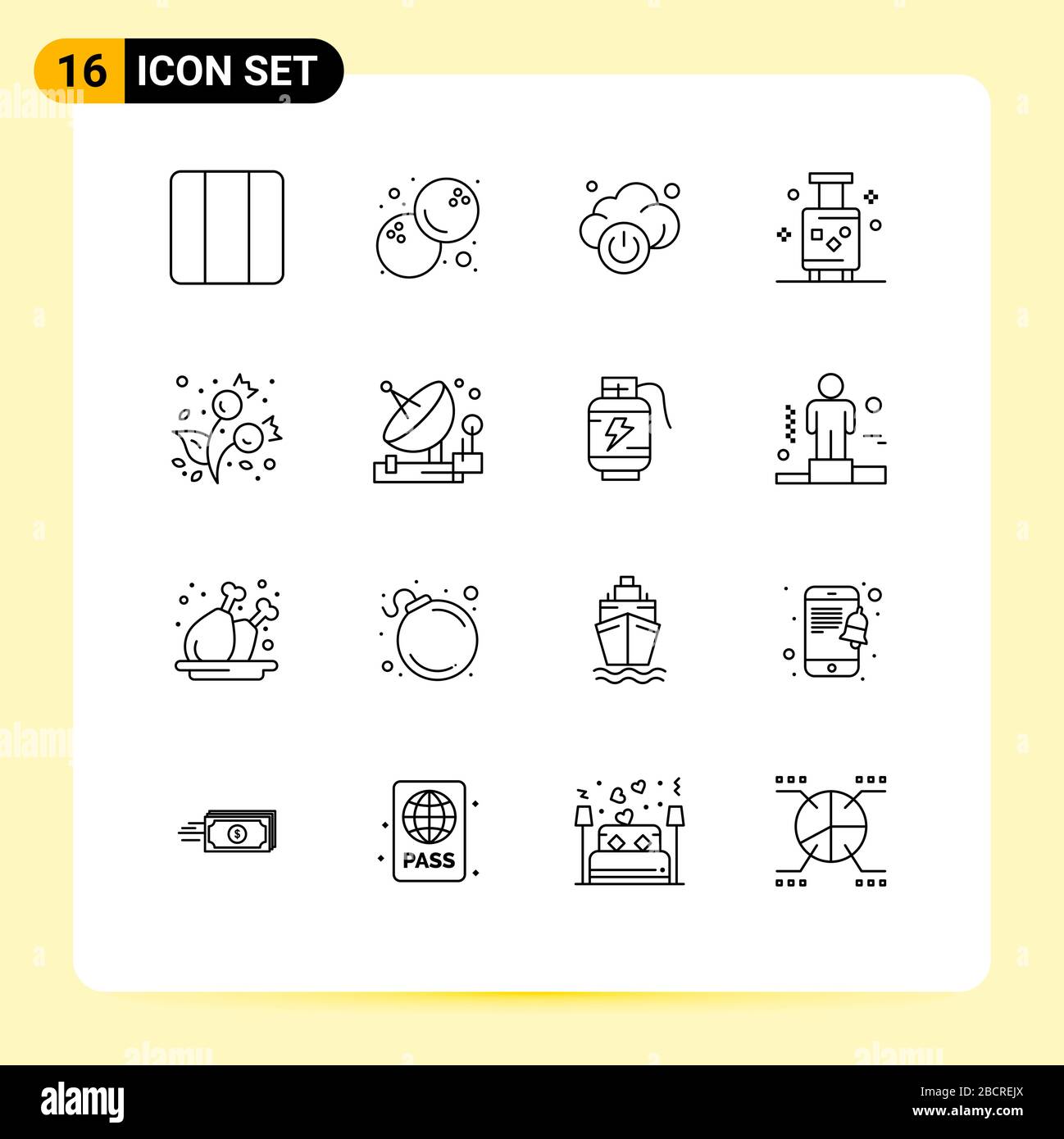 Pictogram Set of 16 Simple Outlines of food, autumn, power, travel, suitcase Editable Vector Design Elements Stock Vector