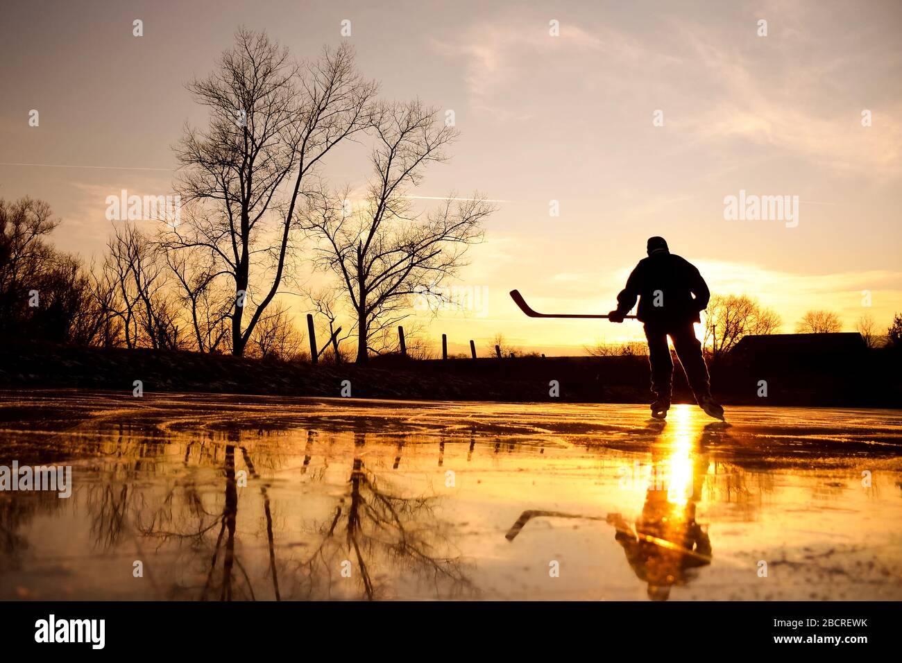 Reflexion of young hockey player on bright natural ice during colorful calm winter sunset on january frozen lake Stock Photo