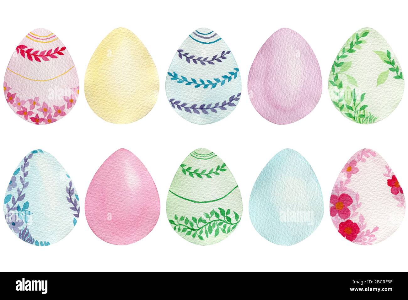 set of colorful Easter eggs isolated on white, watercolor Easter egg