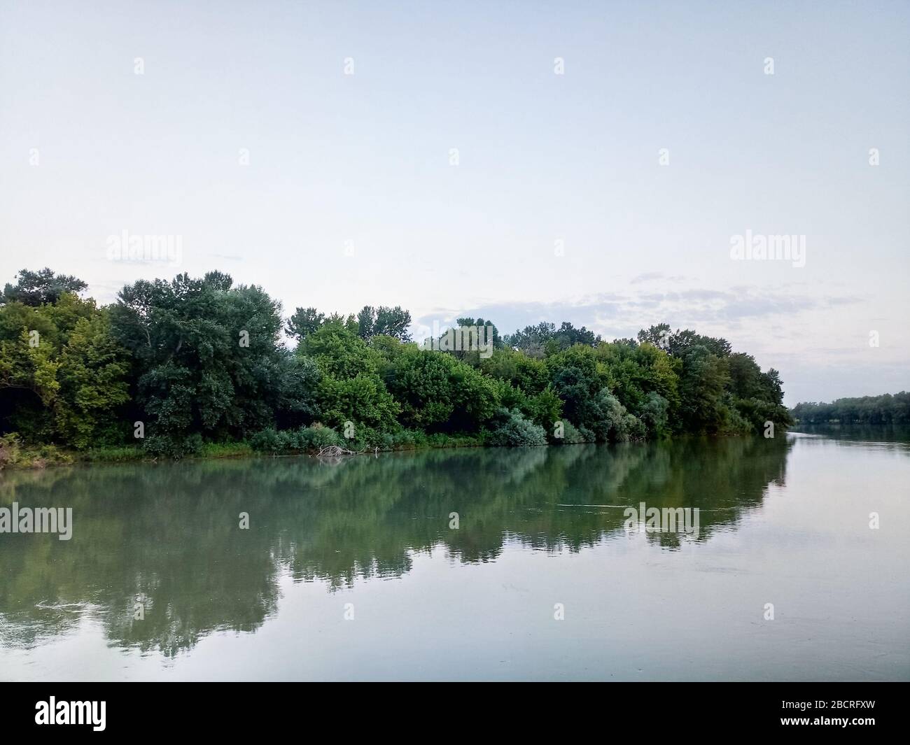 River landscape. River flow. Water surface and trees on the shore Stock ...