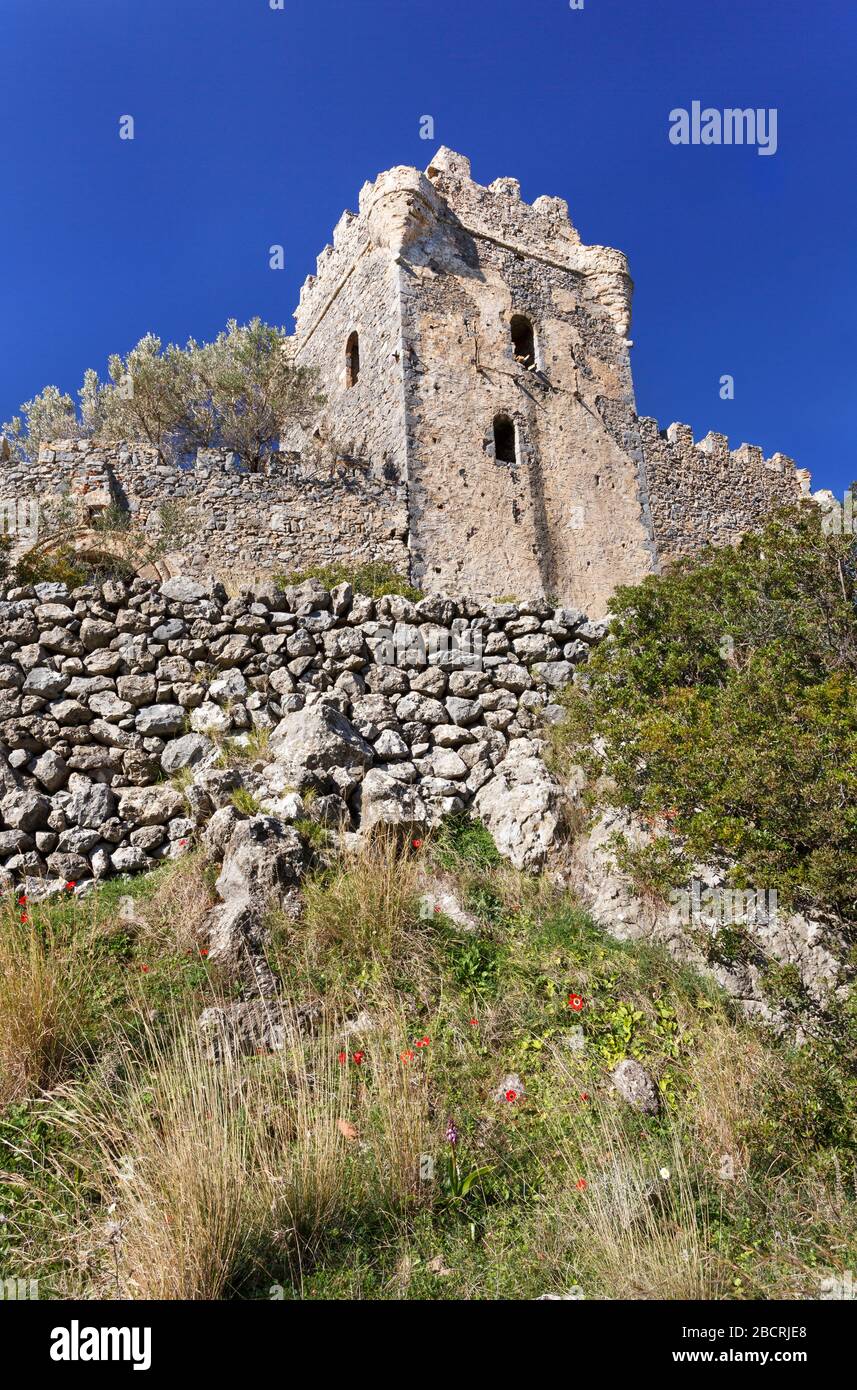 Trikotsova Castle near Haravgi village in the Mani peninsula of the Peloponnese of Greece Stock Photo