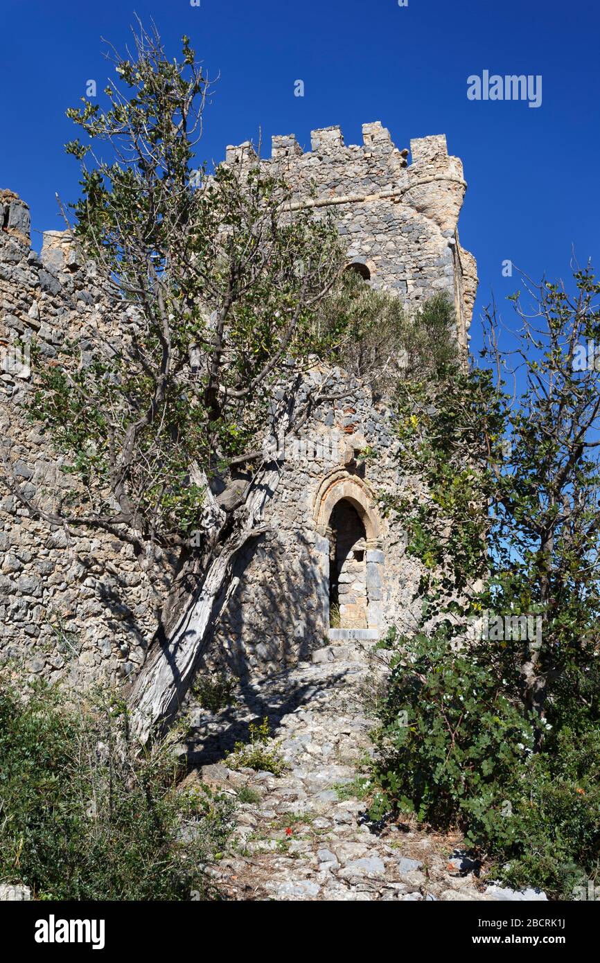 Entrance to Trikotsova Castle near Haravgi village in Messinias region of the Peloponnese of Greece Stock Photo