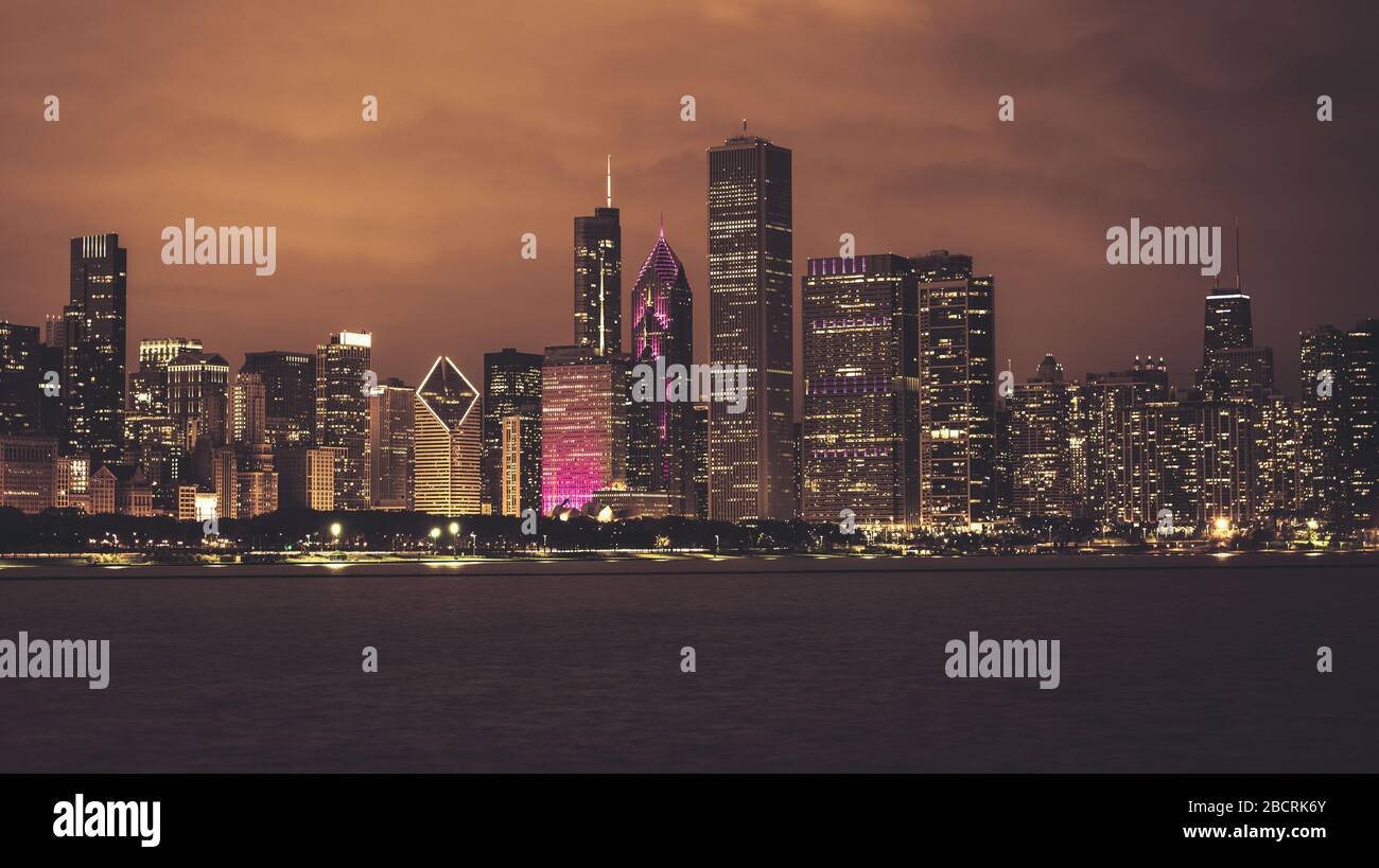 City of Chicago Illinois Night Skyline Panoramic Photo. American Big ...