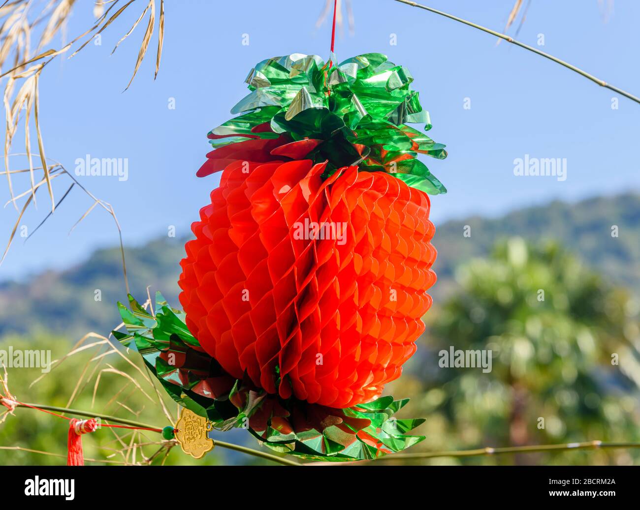 Red paper decoration hanging outside for the Chinese lunar new year, Thailand Stock Photo
