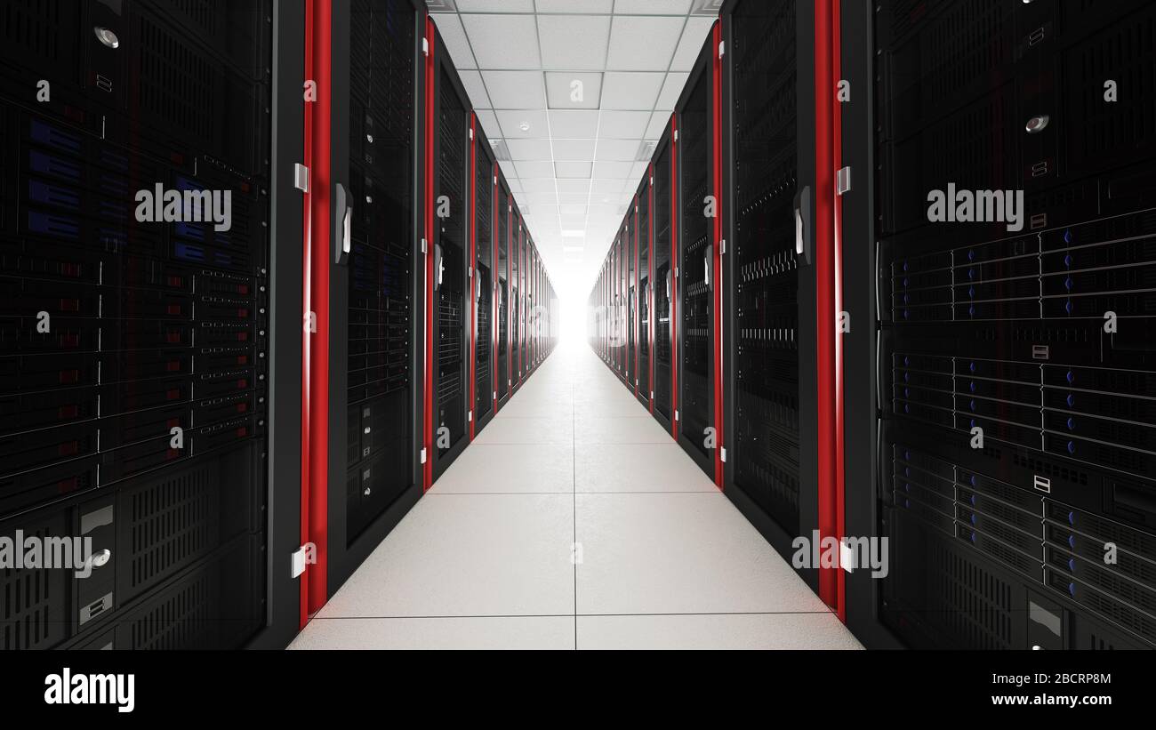 Inside the long server room tunnel interior. Corridor of racks at ...