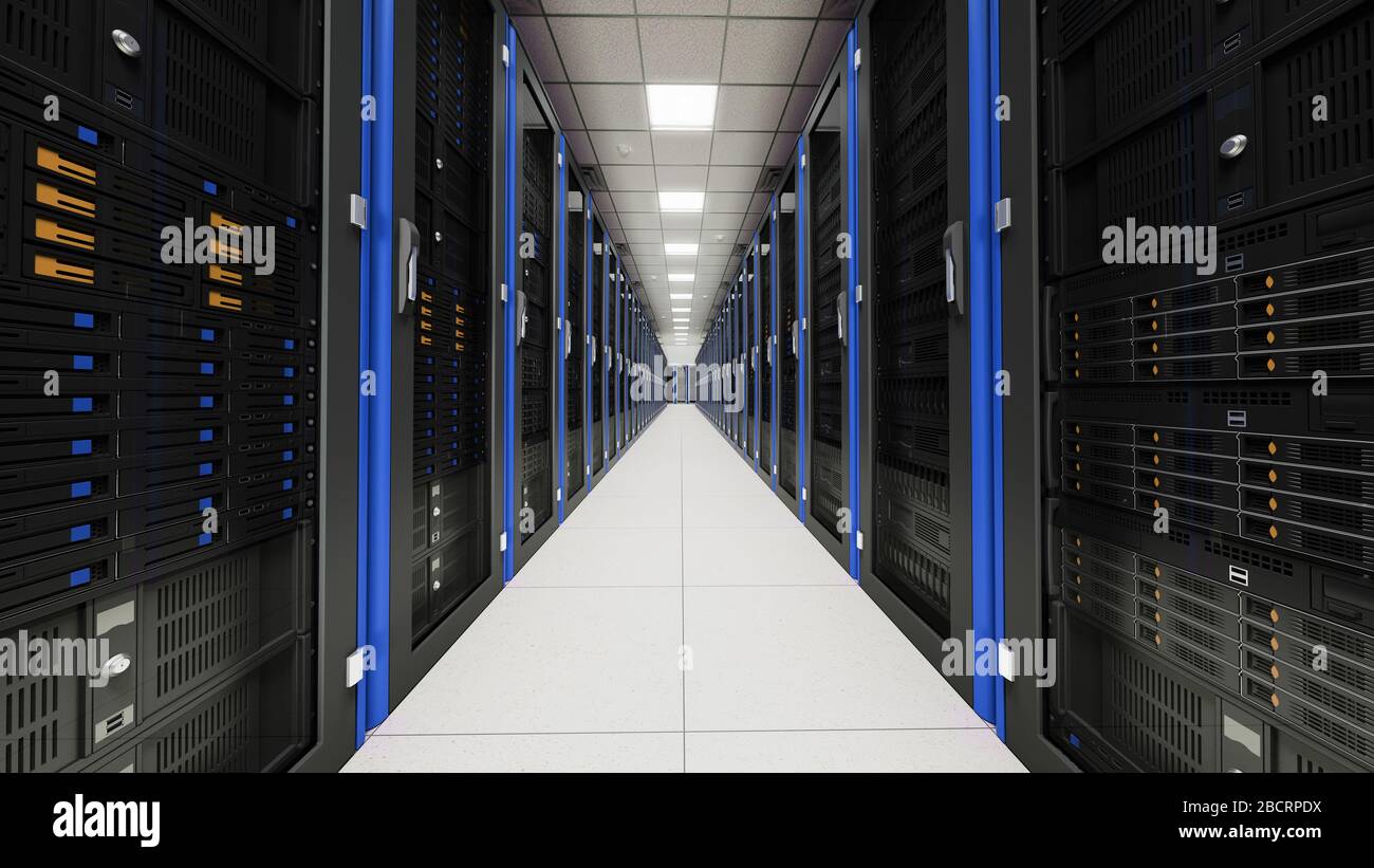Inside the long server room tunnel interior. Corridor of racks at ...