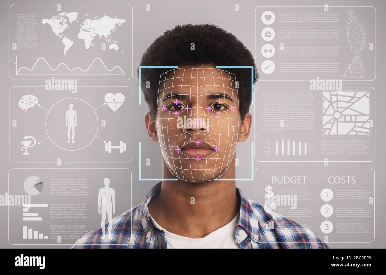 Biometric info collection. Identity verification of African American guy, digital data on