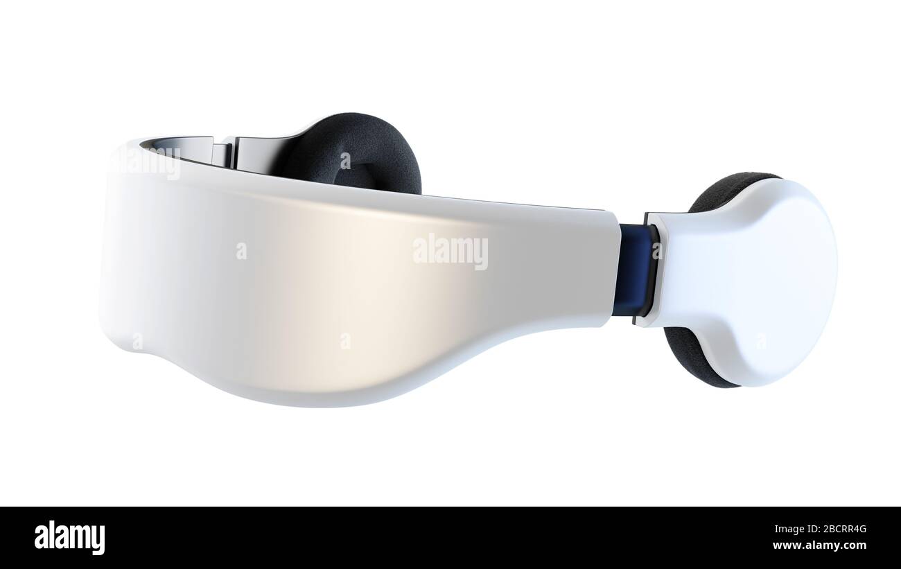 White virtual reality goggles with headphones, minimalistic modern design. Futuristic head equipment with wireless connection, high resolution screen Stock Photo
