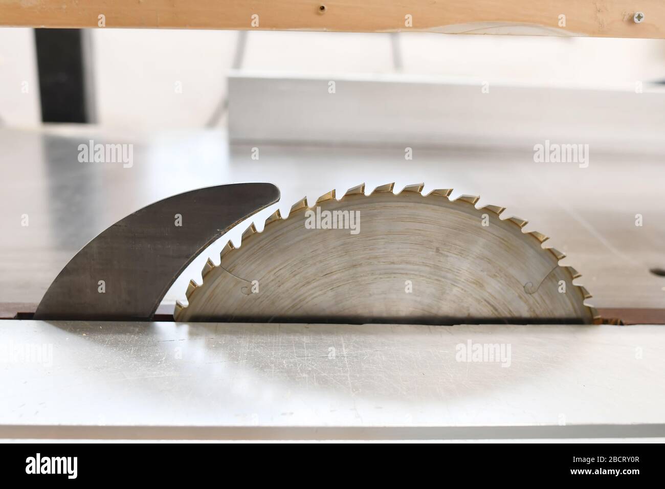 Fragment of a joint wood cutter on a brushed metallic surface. The diamond disc of a wood cutting machine Stock Photo