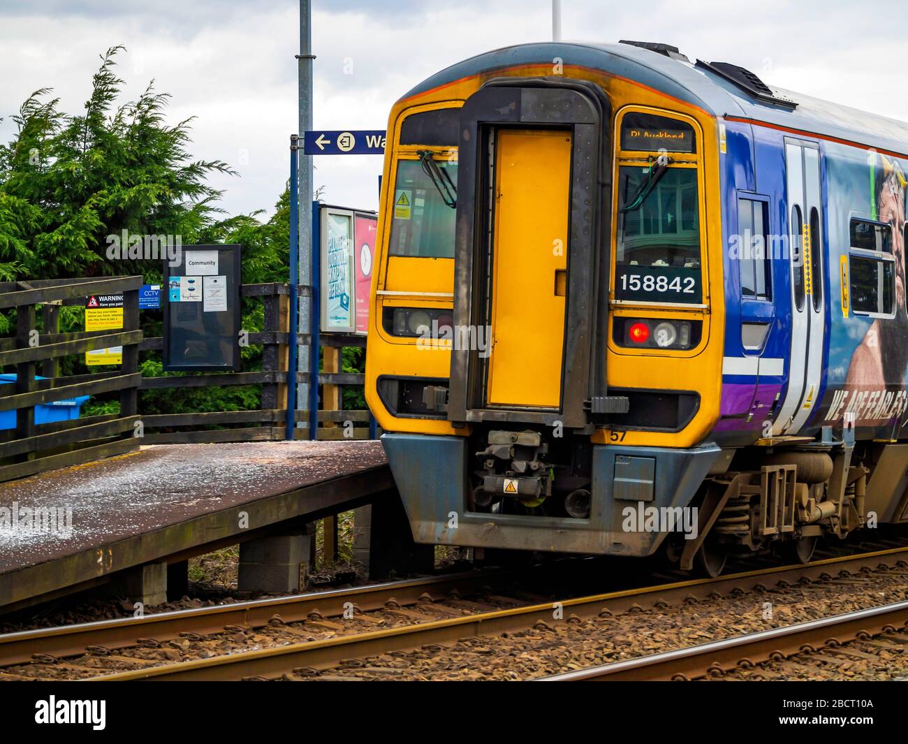 Northern Rail train 158842 stopped at Longbeck on its way to Bishop Auckland.  This is a refurbished Class 158 train replacing the previous Pacers. Stock Photo