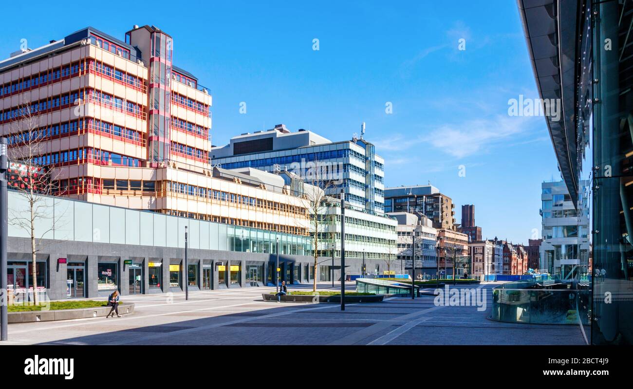 View of a desolate Station Square (Stationsplein) and Hoog Catharijne shopping mall. Utrecht, The Netherlands. Stock Photo