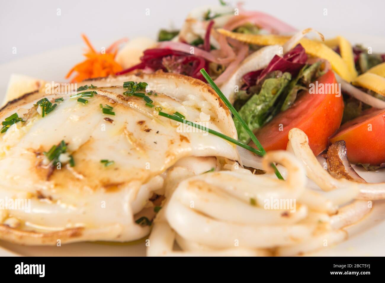 Plate of grilled cuttlefish with mixed salad with tomato, lettuce