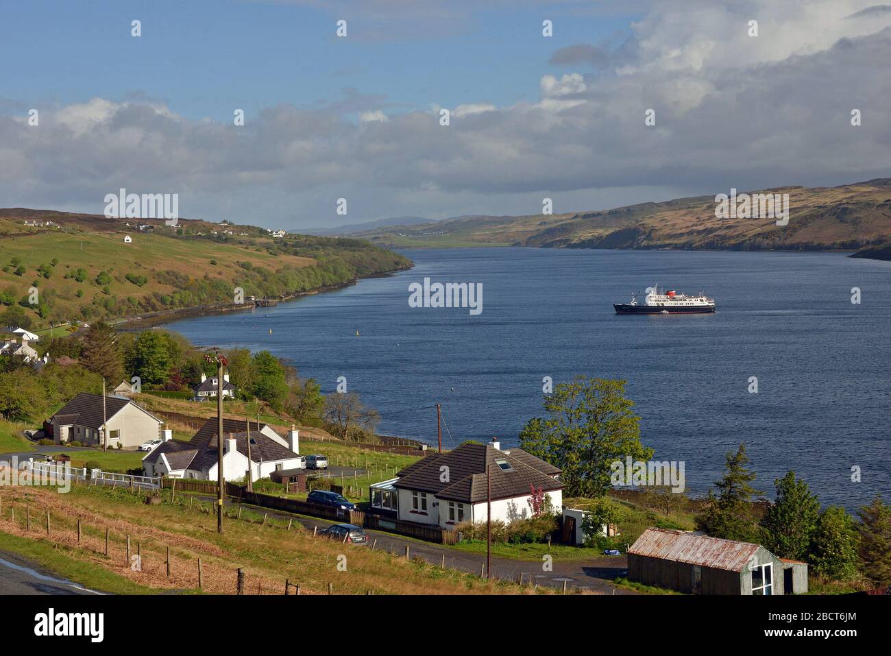 HEBRIDEAN PRINCESS at anchor in the tranquil waters off CARBOST, LOCH HARPORT, SCOTLAND Stock Photo