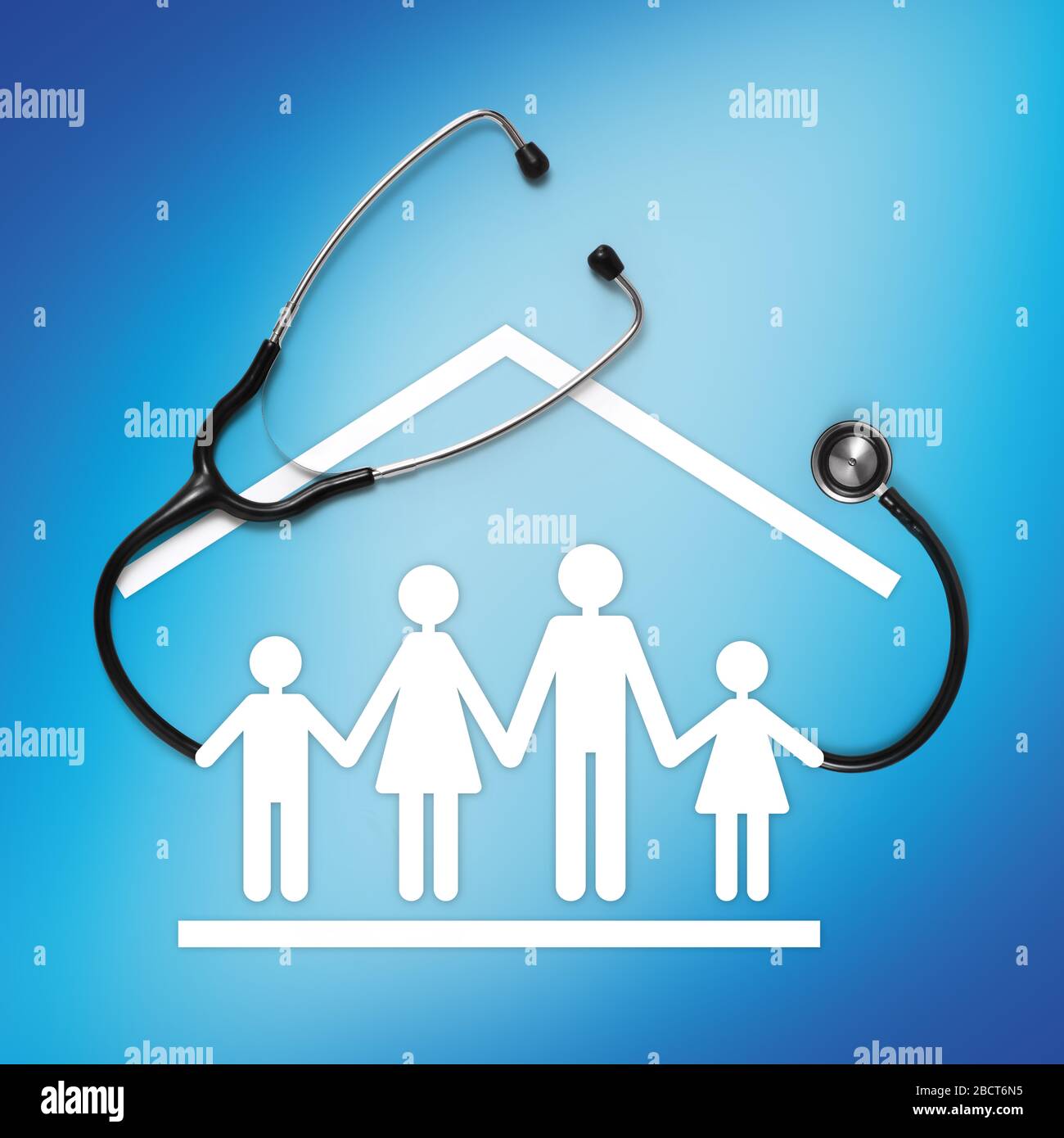 corona virus and lockdown concept, stethoscope with family symbol icon, isolated on blue background Stock Photo