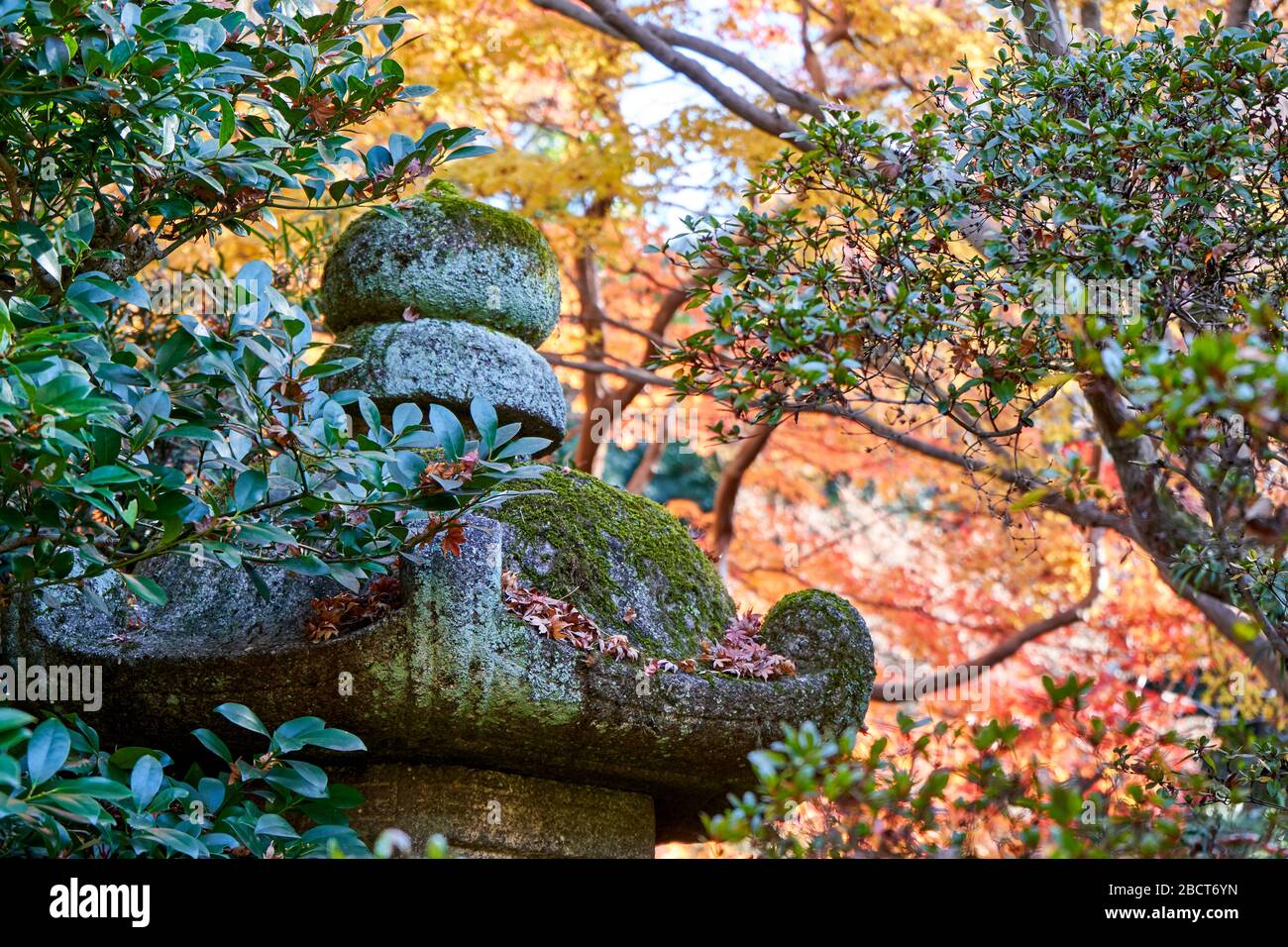 Stone lantern covered in moss during autumn time Stock Photo