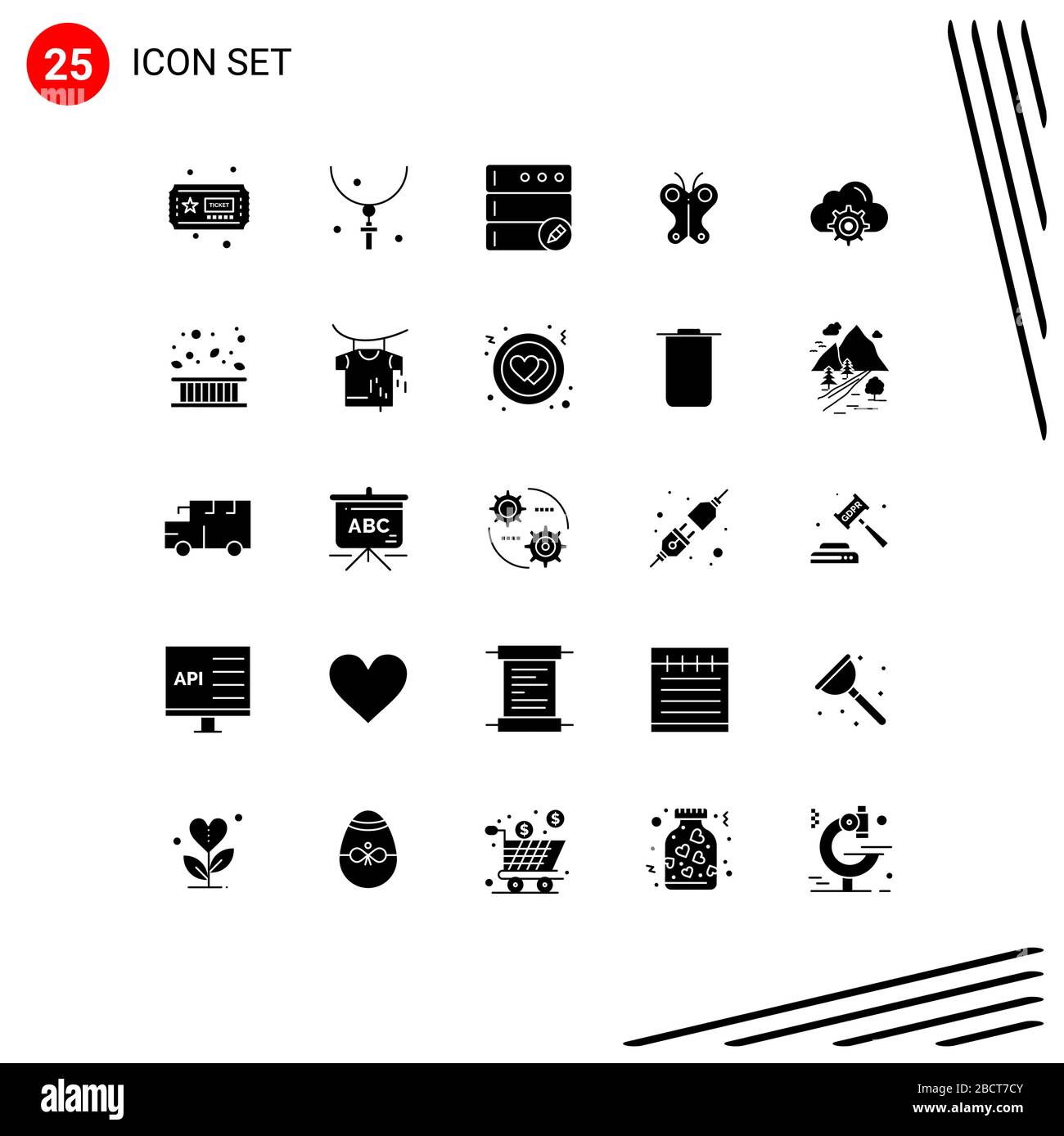 Pictogram Set of 25 Simple Solid Glyphs of gear, cloud, database, nature, butterfly Editable Vector Design Elements Stock Vector